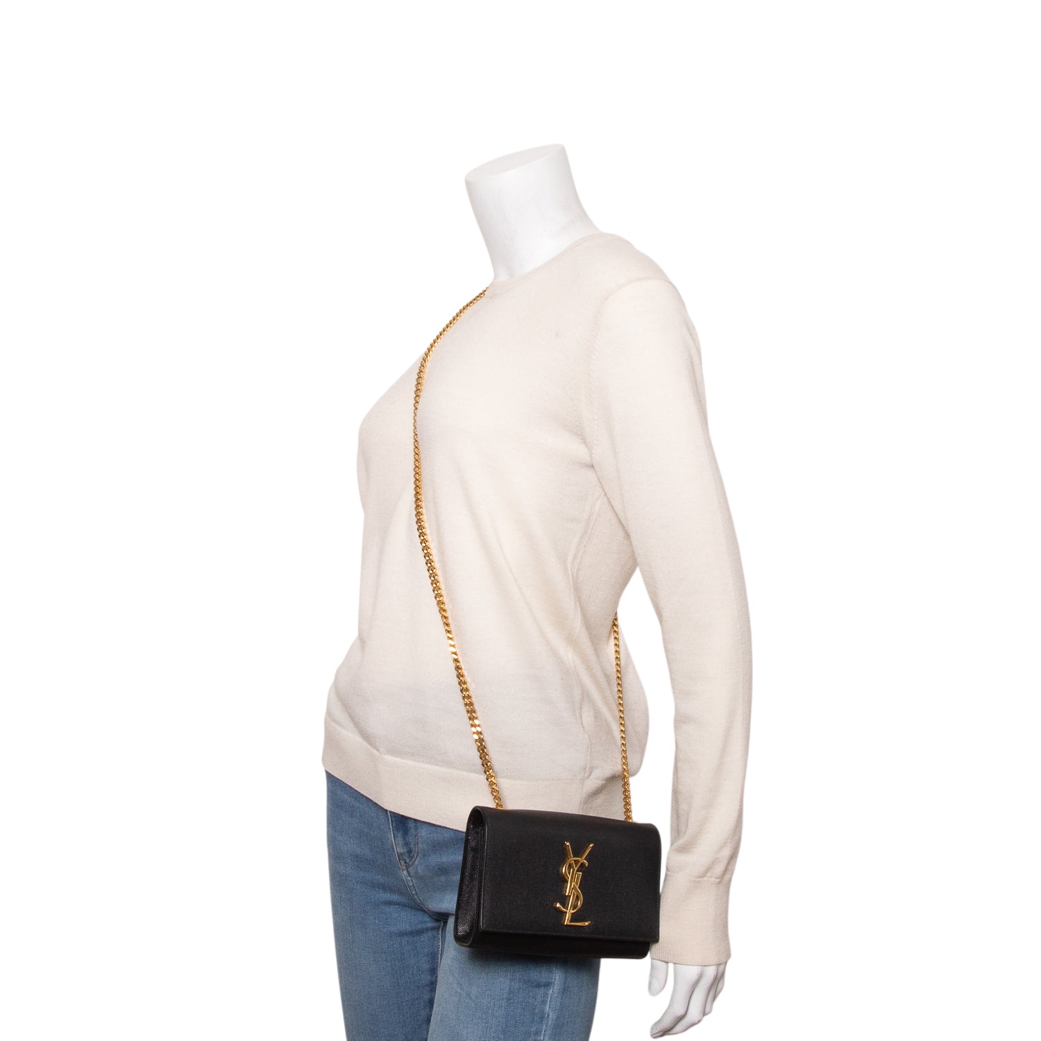 Saint Laurent Black Grain De Poudre Leather Mini Monogram Kate Bag