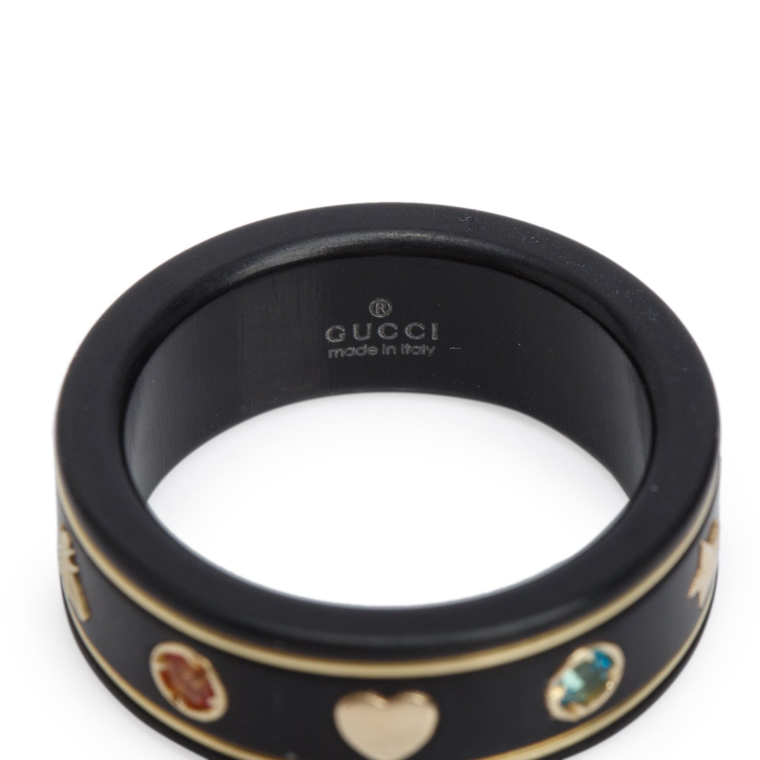 Gucci Black Ceramic & 18k Yellow Gold Multistone Ring, Size 13 6.25 w/ Box & Receipt