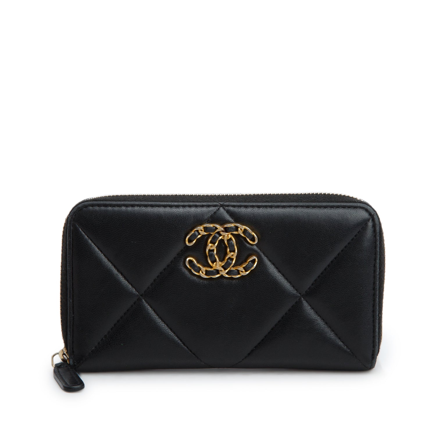 Chanel Black Lambskin Quilted Medium 19 Zip Around Purse Wallet
