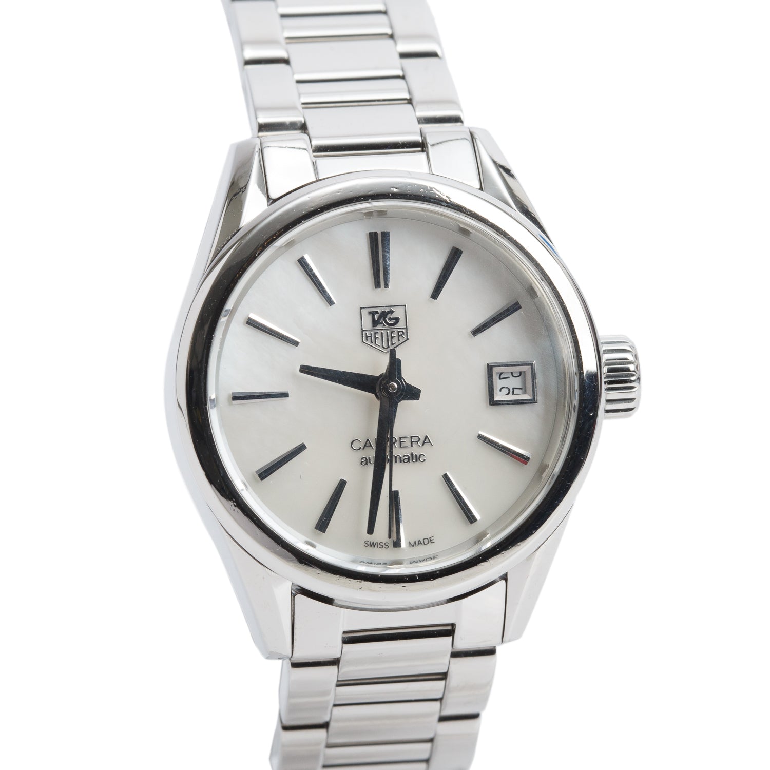 Tag Heuer Stainless Steel Carrera 28 MM Automatic Watch Mother of Pearl Dial WAR2411 w/ Box & Papers
