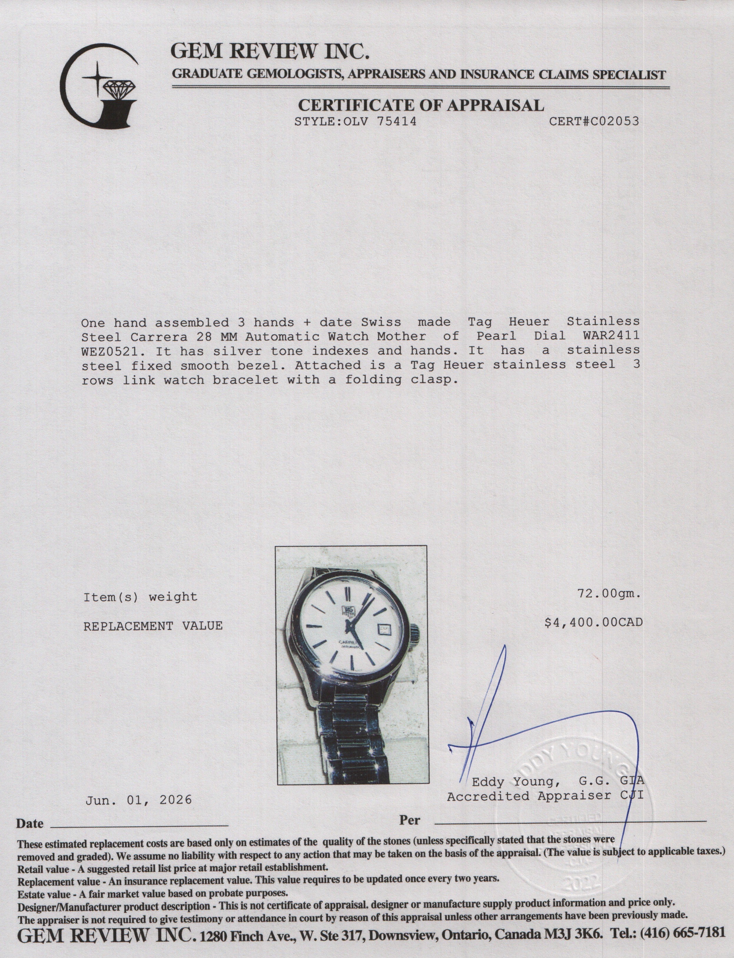 Tag Heuer Stainless Steel Carrera 28 MM Automatic Watch Mother of Pearl Dial WAR2411 w/ Box & Papers