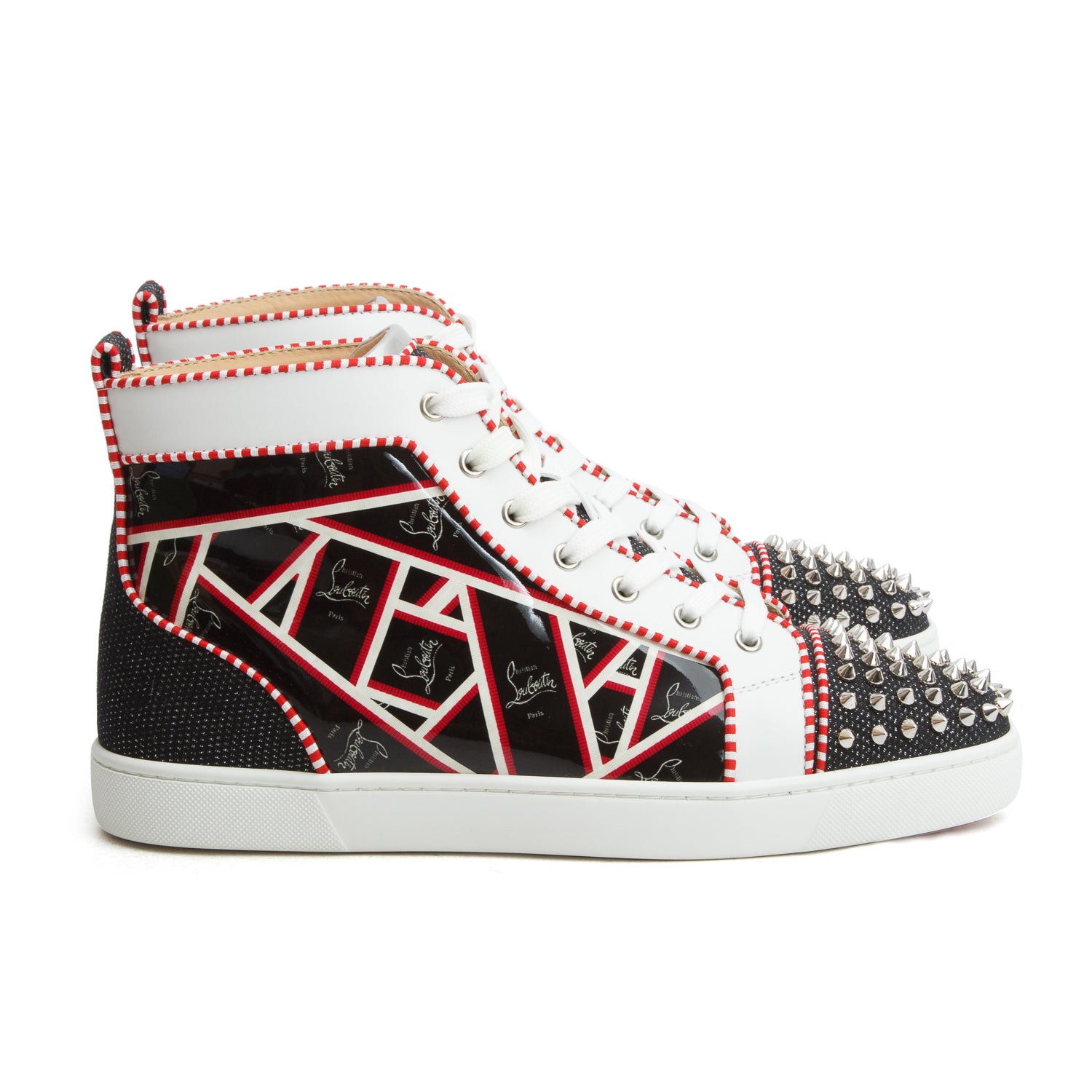 Christian Louboutin Multicolor Logo Print Patent/Calf Leather Lou Spikes Orlato Flat Sneakers, Men's Size 44 w/ Box