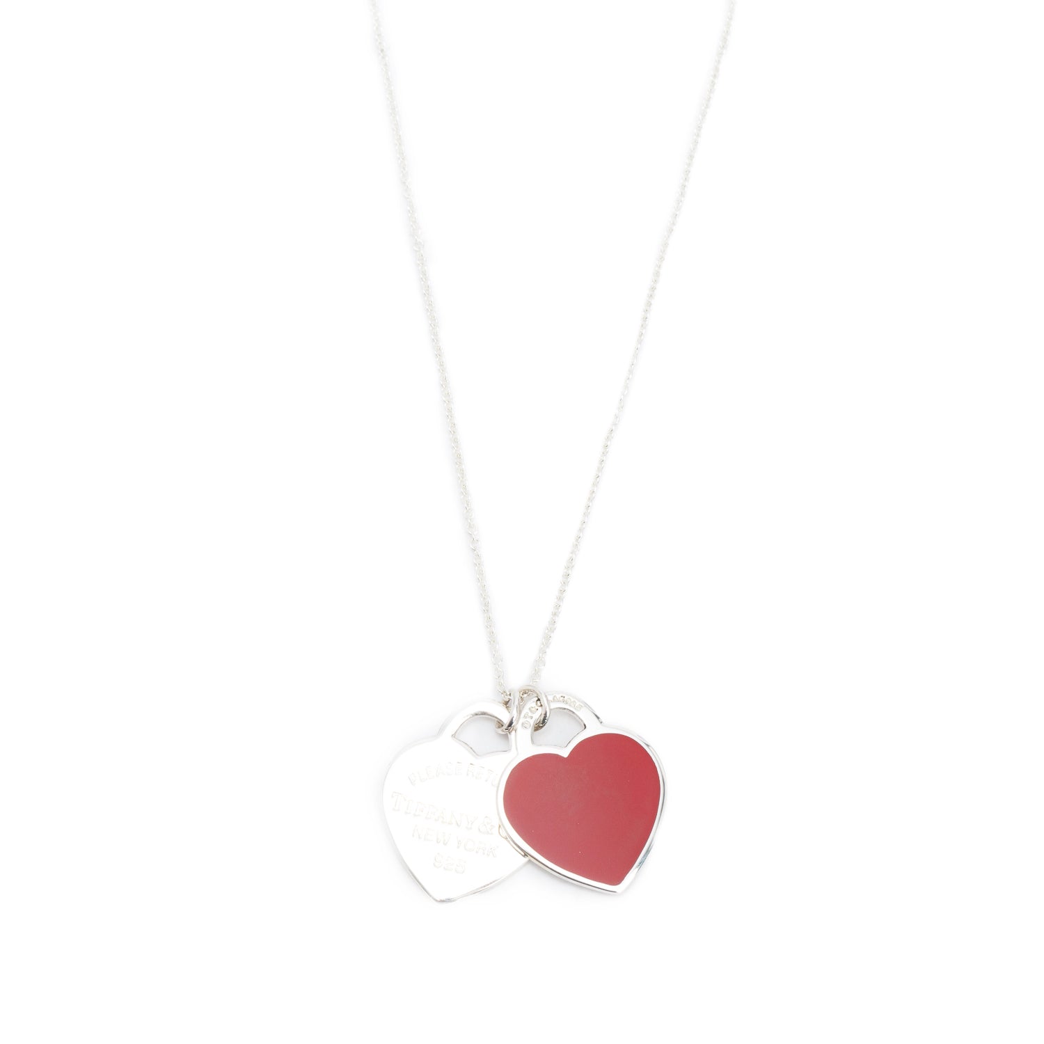 Tiffany & Co. Sterling Silver Return to Tiffany Small Double Heart Tag Pendant Necklace with Red Enamel
