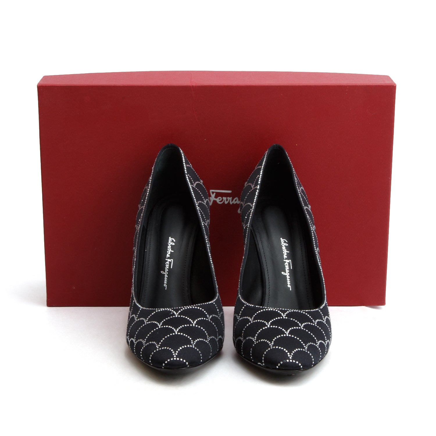 Ferragamo Black Satin Crystal Embellished Judy Pumps, Women's Size 7.5 w/ Box