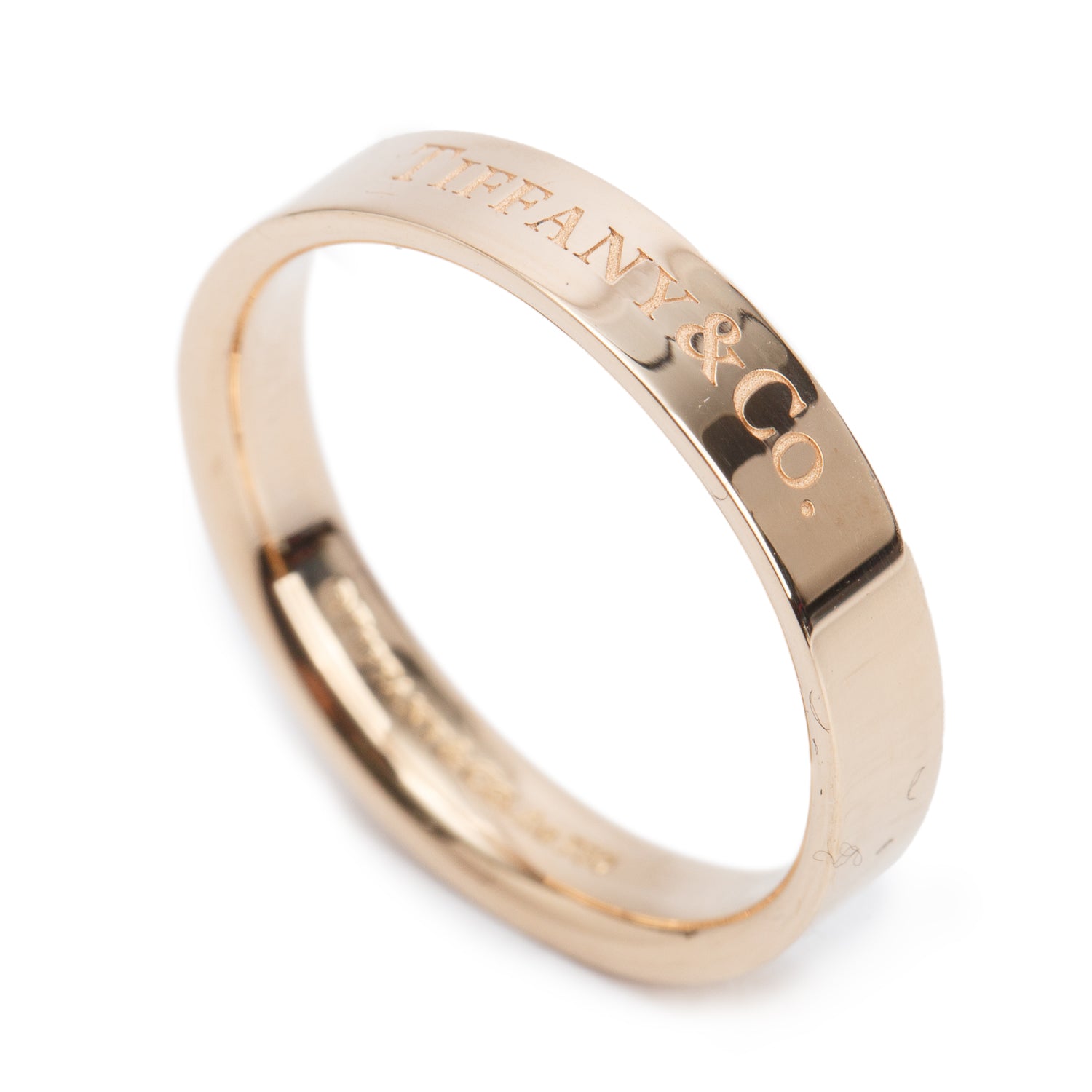 Tiffany & Co. 18k Rose Gold 4 MM Logo Band Ring, Size 8.75 w/ Box
