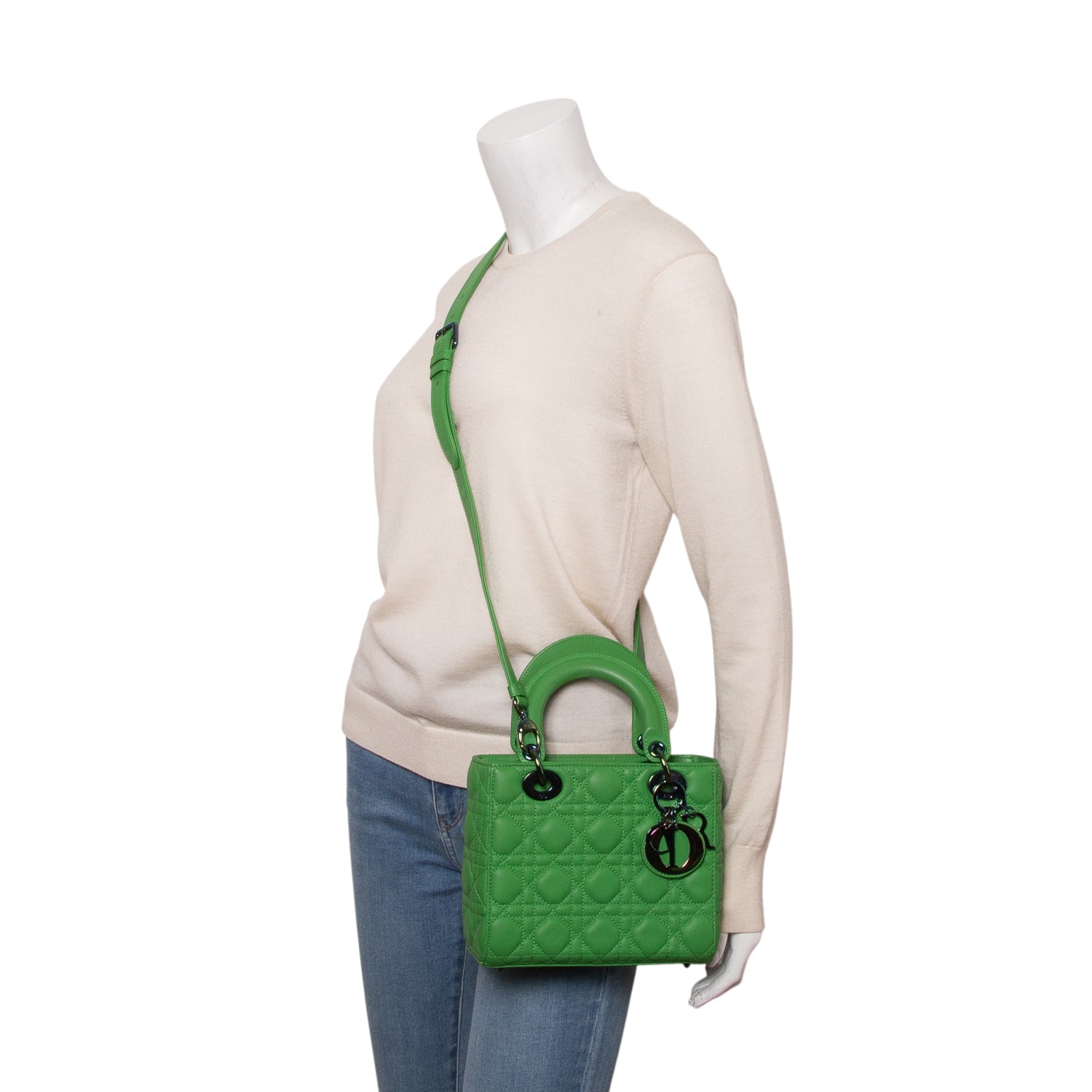 Christian Dior 2022 Green Cannage Lambskin Leather Small Lady Dior Bag w/ Strap