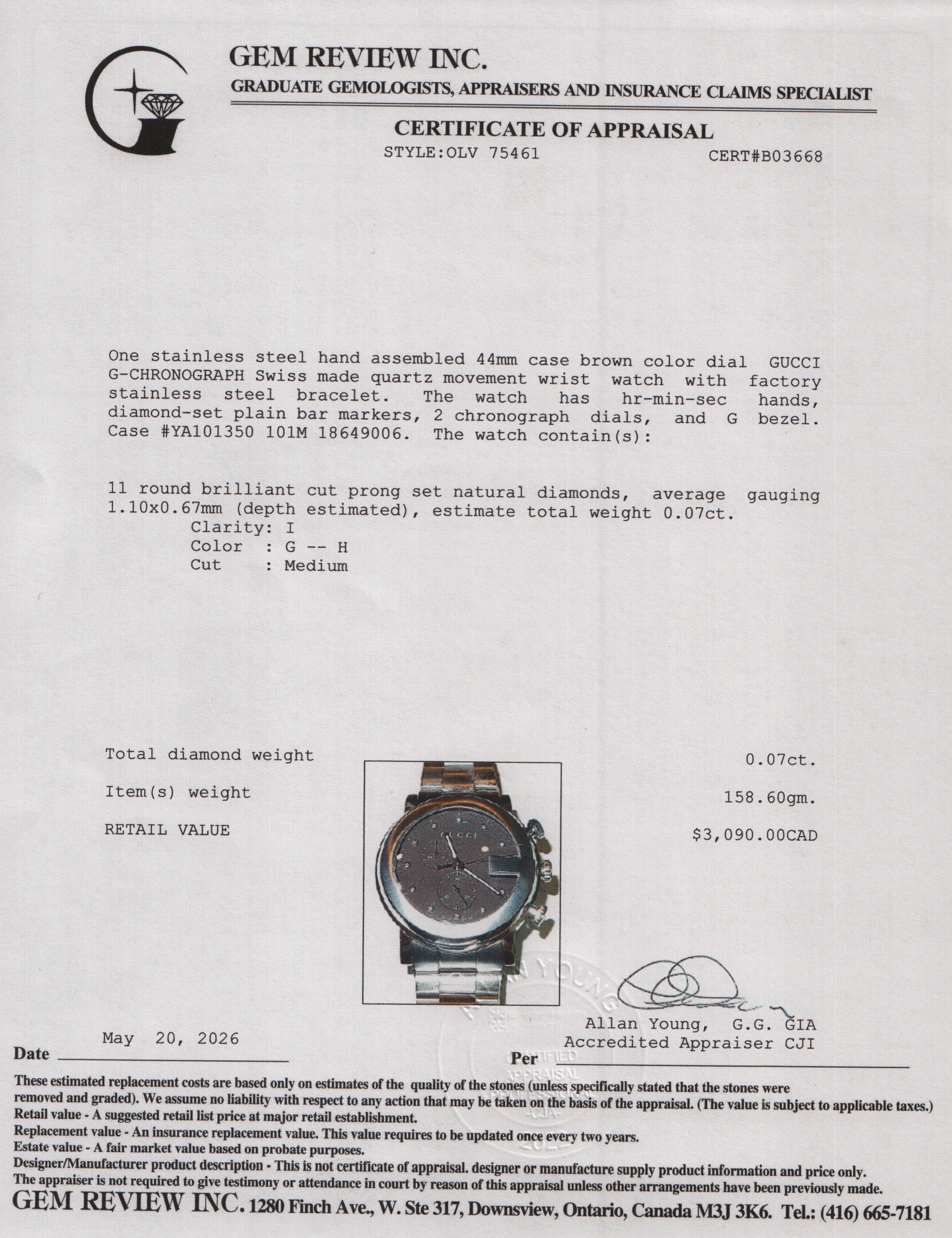 Gucci Stainless Steel G-Chrono 44 MM Watch Chronograph Quartz Watch Brown Diamond Dial YA101350 w/ Box