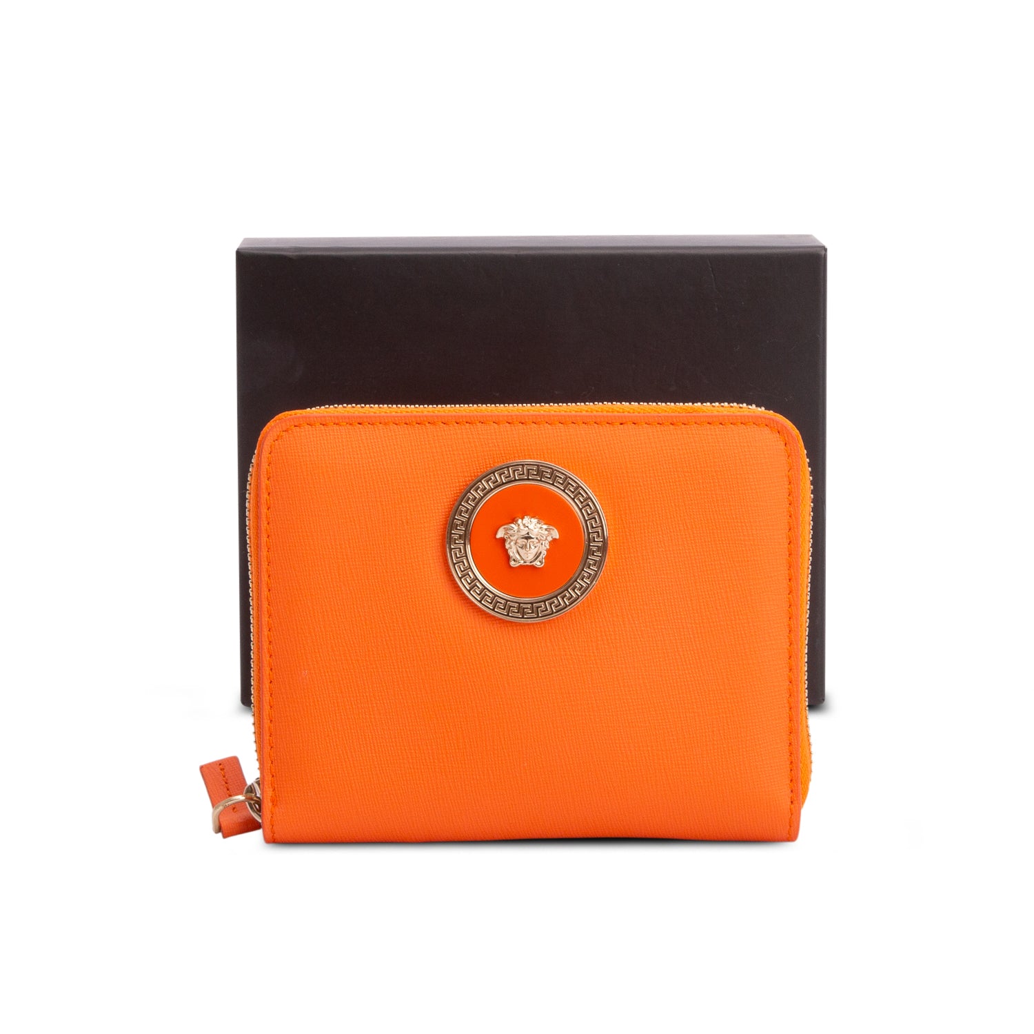 Versace Orange Leather Compact Zip Around Wallet w/ Box