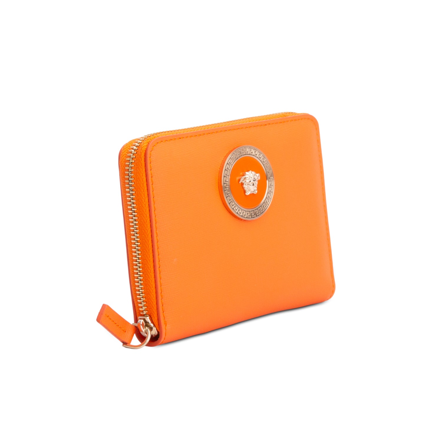 Versace Orange Leather Compact Zip Around Wallet w/ Box