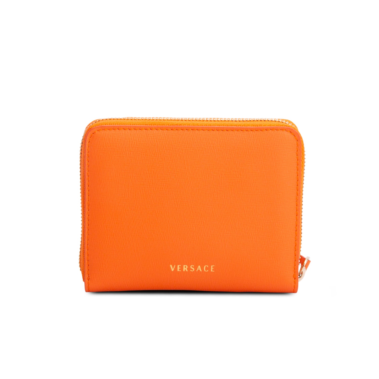 Versace Orange Leather Compact Zip Around Wallet w/ Box