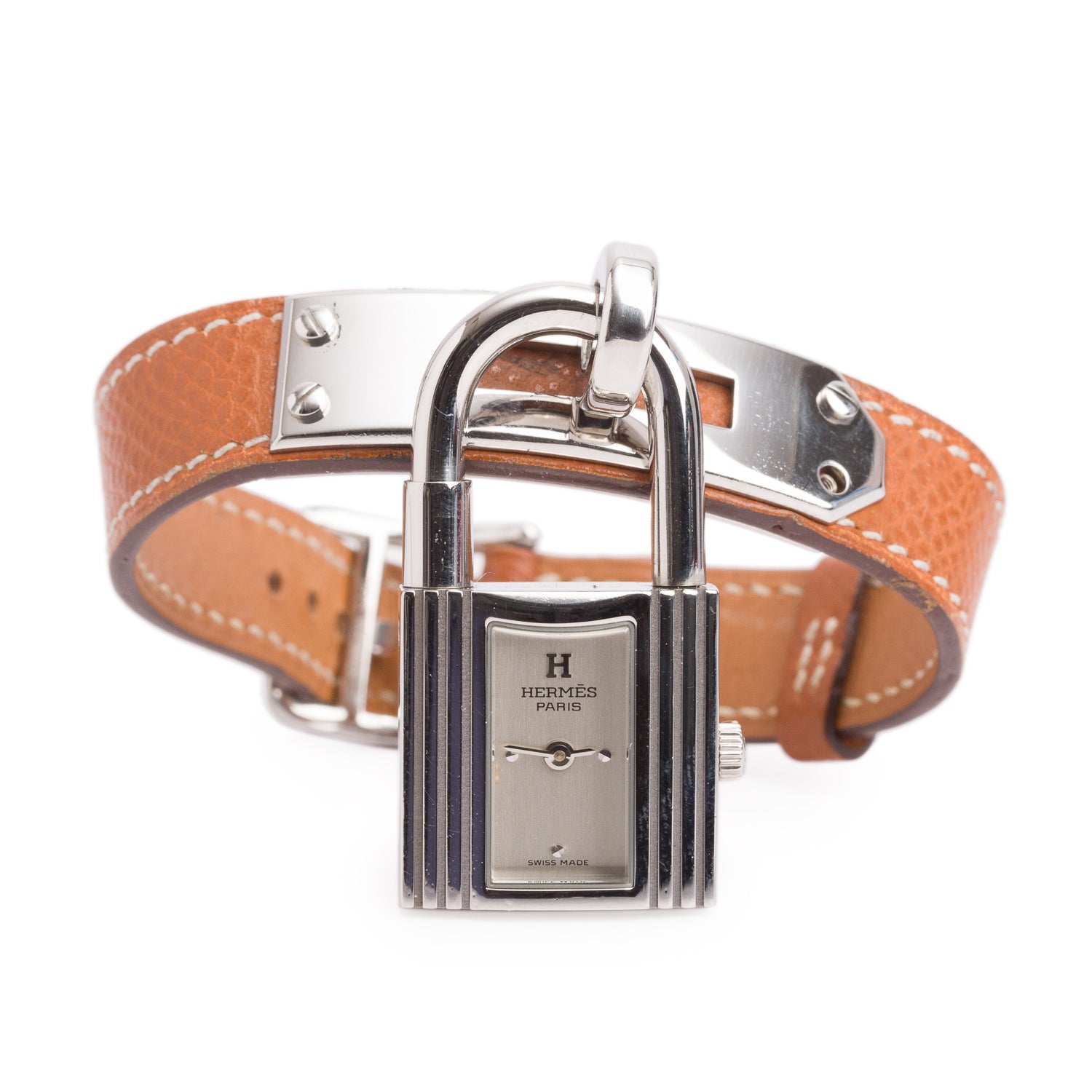 Hermes Palladium Plated Stainless Steel Gold Leather Kelly Lock Watch w/ Box