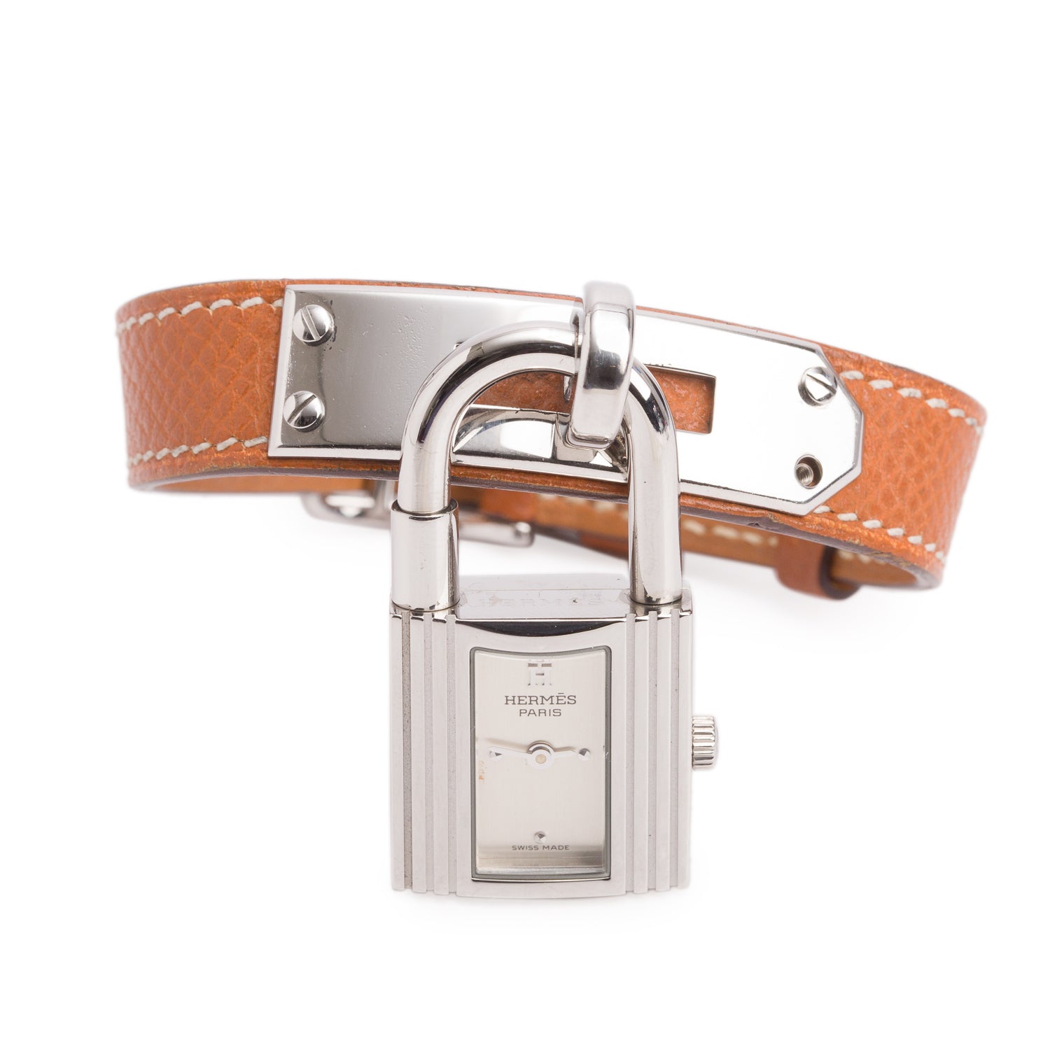 Hermes Palladium Plated Stainless Steel Gold Leather Kelly Lock Watch w/ Box