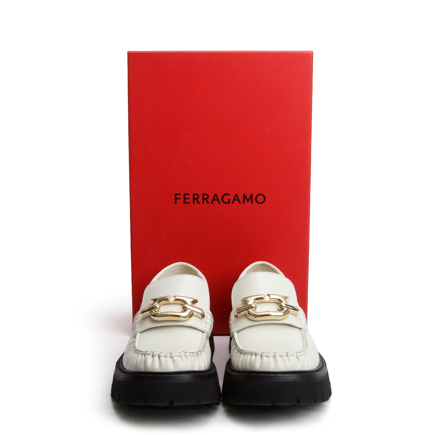 Salvatore Ferragamo White Leather Ingrid Loafers, Size 6.5 w/ Box