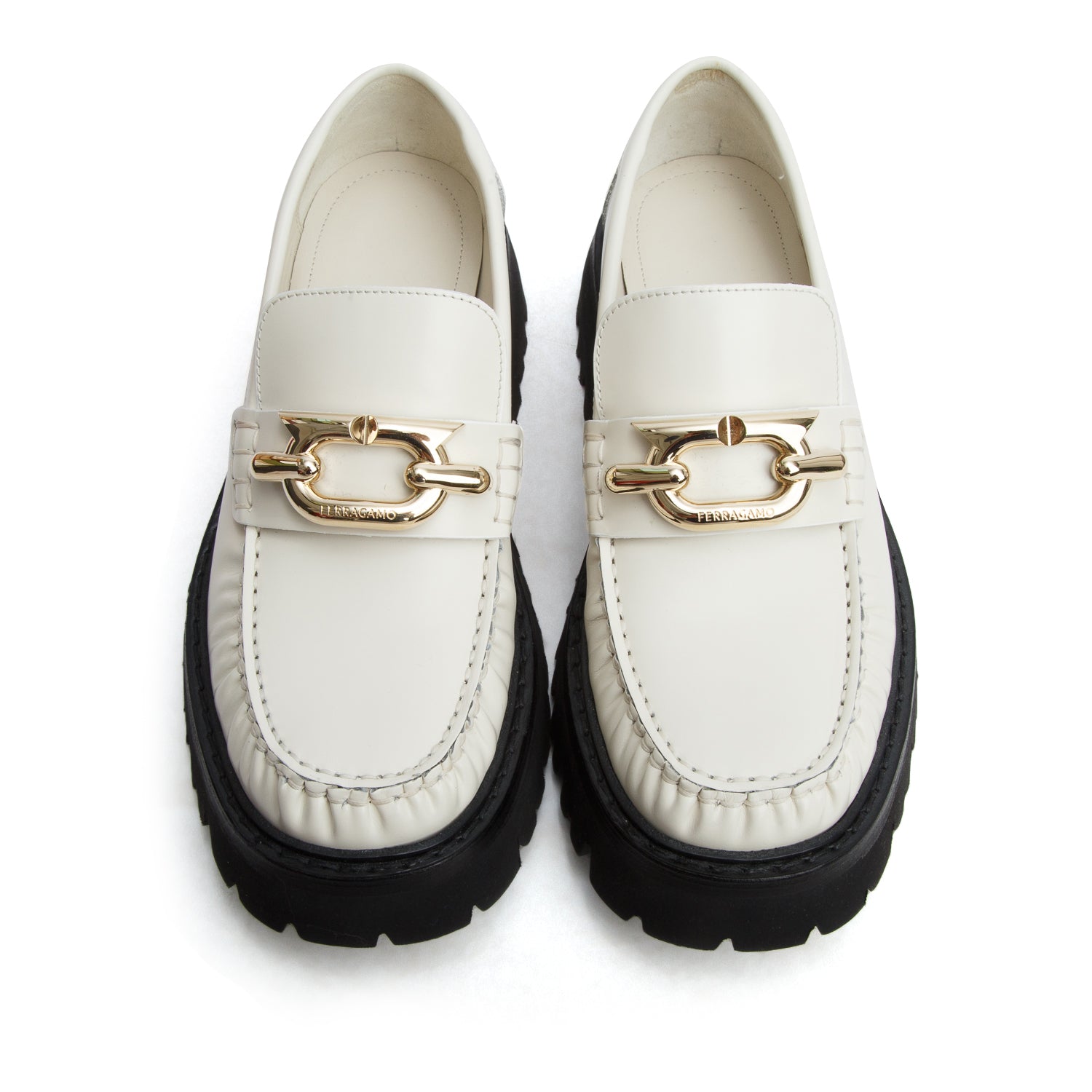 Salvatore Ferragamo White Leather Ingrid Loafers, Size 6.5 w/ Box