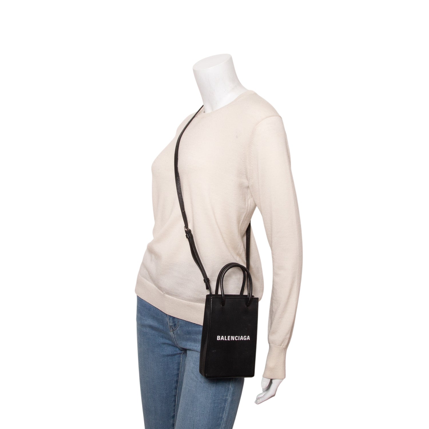 Balenciaga Black Calfskin Logo Shopping Phone Holder Bag