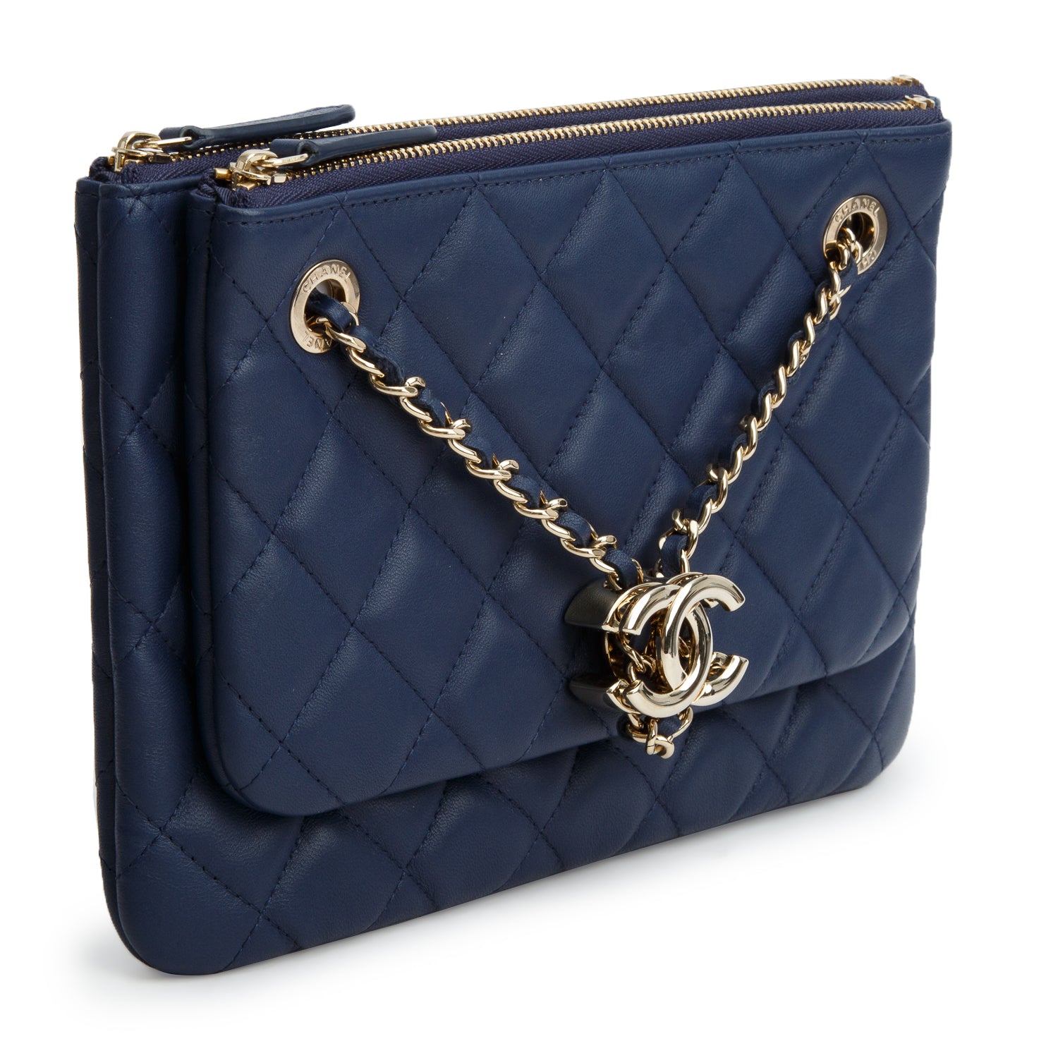 Chanel Navy Quilted Calfskin Leather Drawstring Double Zip Pouch CC Bag