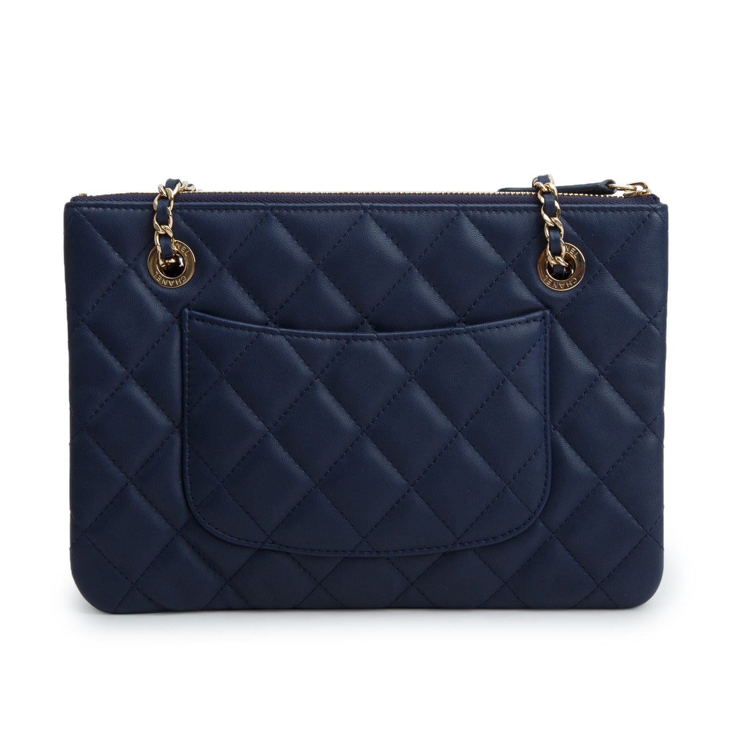 Chanel Navy Quilted Calfskin Leather Drawstring Double Zip Pouch CC Bag