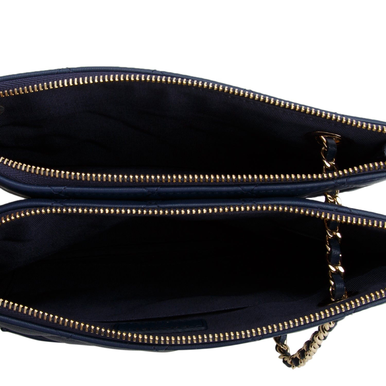Chanel Navy Quilted Calfskin Leather Drawstring Double Zip Pouch CC Bag