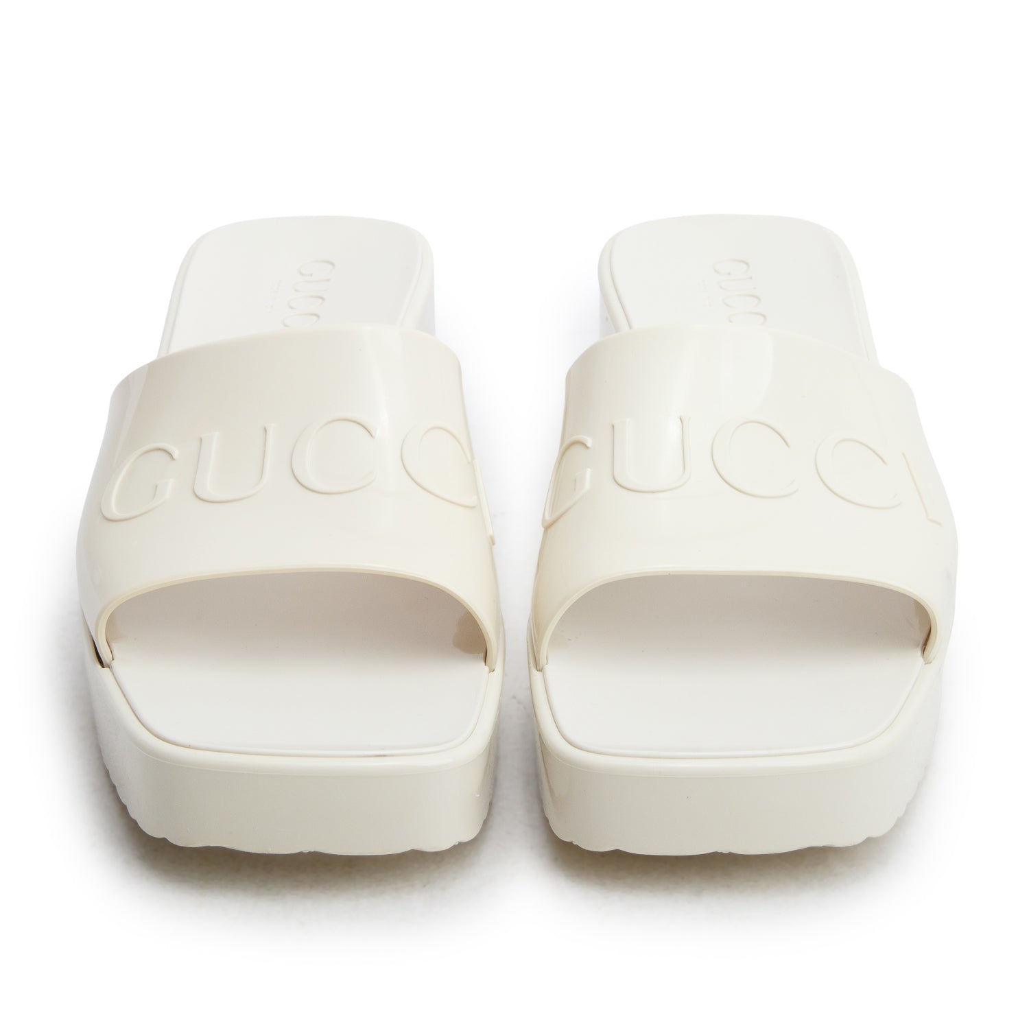 Gucci White Rubber Logo Embossed Slides, Size 36 w/ Box