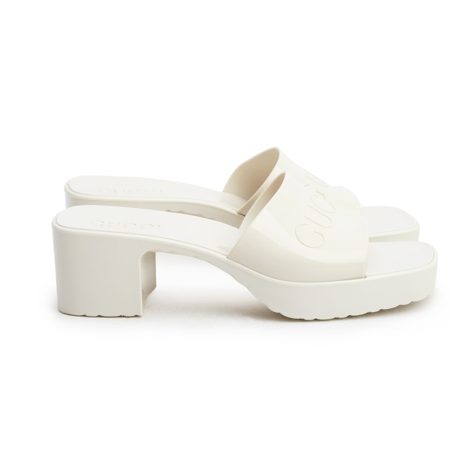 Gucci White Rubber Logo Embossed Slides, Size 36 w/ Box