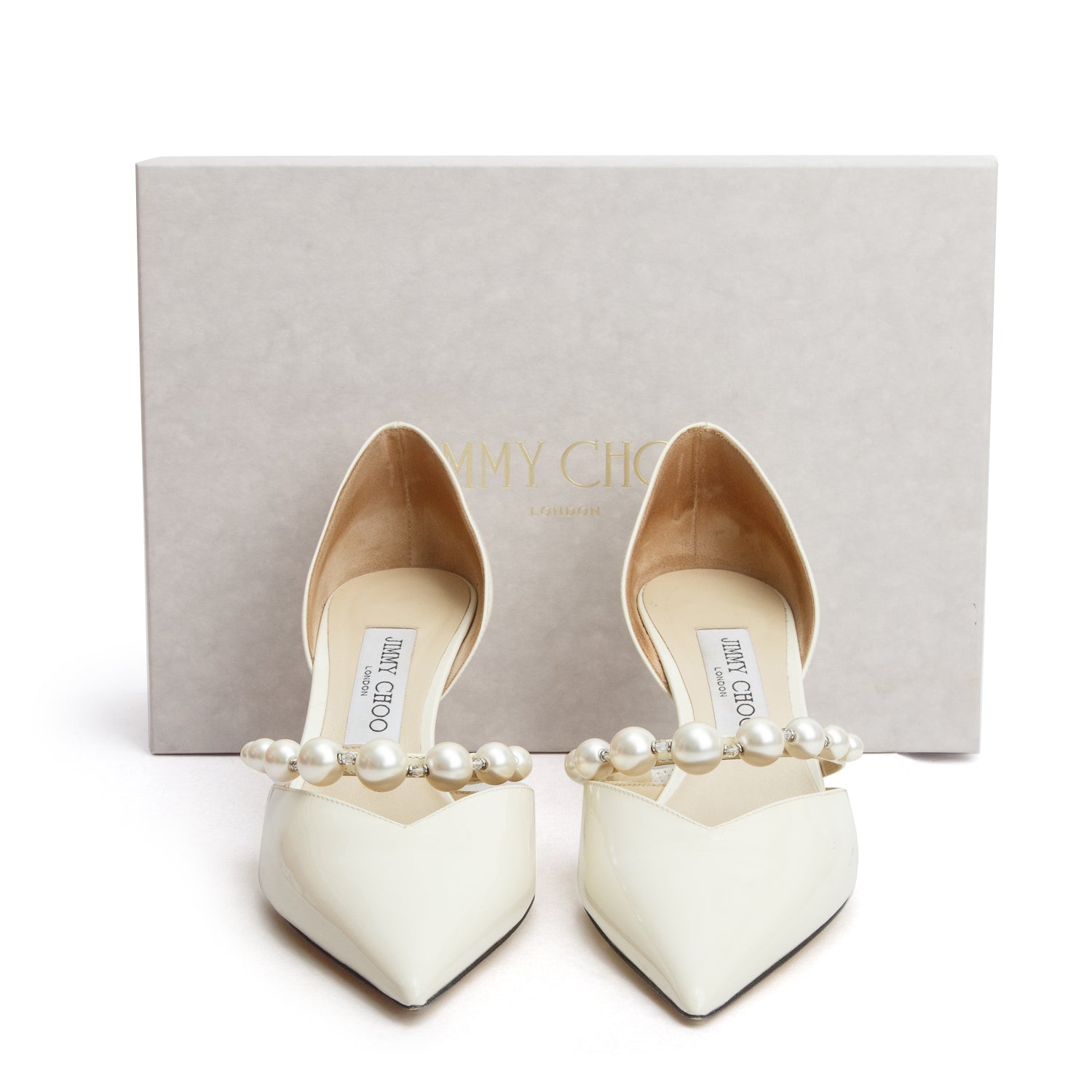 Jimmy Choo White Patent Leather Aurelie 65 D'orsay Pearl Crystal Pumps, Women's Size 39 w/ Box