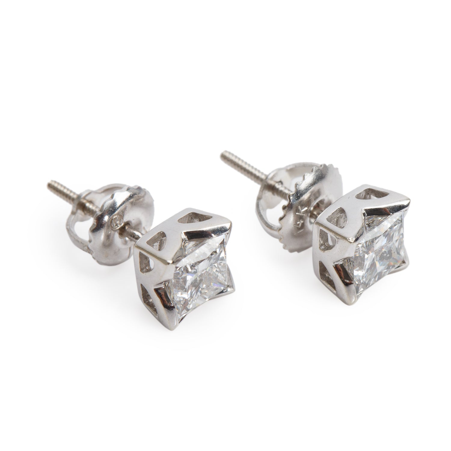 14k White Gold 1.07 tcw. Princess Cut Diamond Stud Earrings