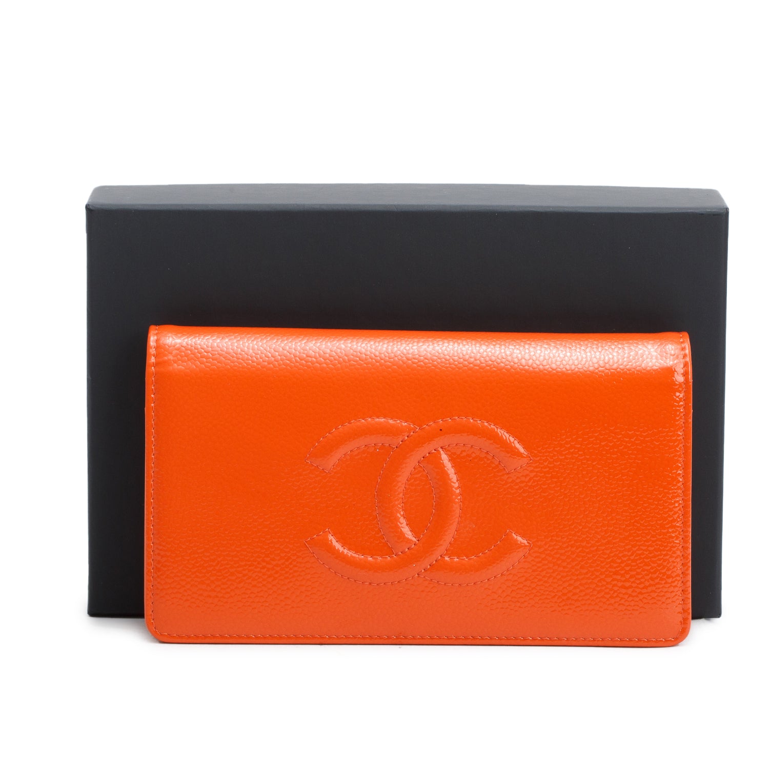 Chanel Orange Patent Leather Timeless Yen Wallet w/ Box & Authenticity