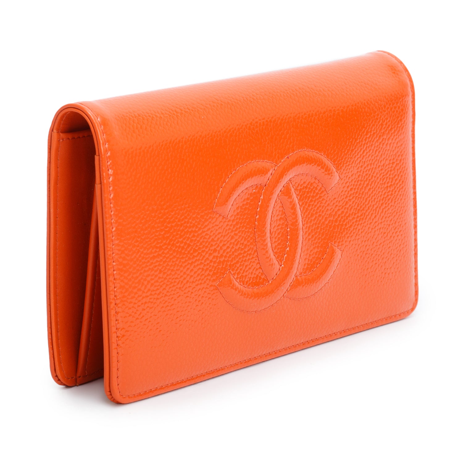 Chanel Orange Patent Leather Timeless Yen Wallet w/ Box & Authenticity