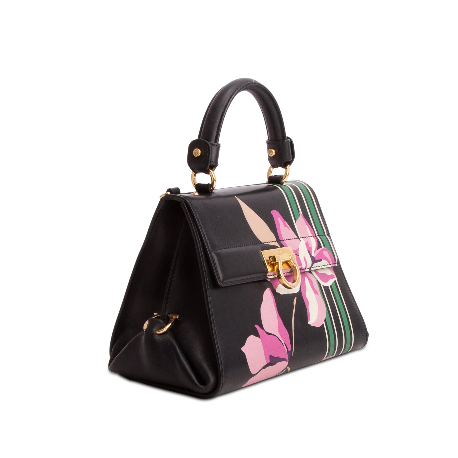 Salvatore Ferragamo Black Multicolor Floral Print Calfskin Sofia Top Handle Bag w/ Strap
