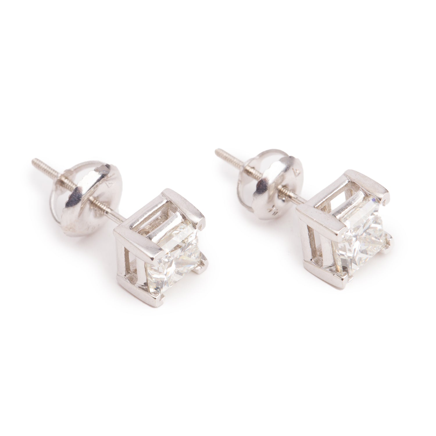 14k White Gold 1.40 tcw. Princess Cut Diamond Stud Earrings