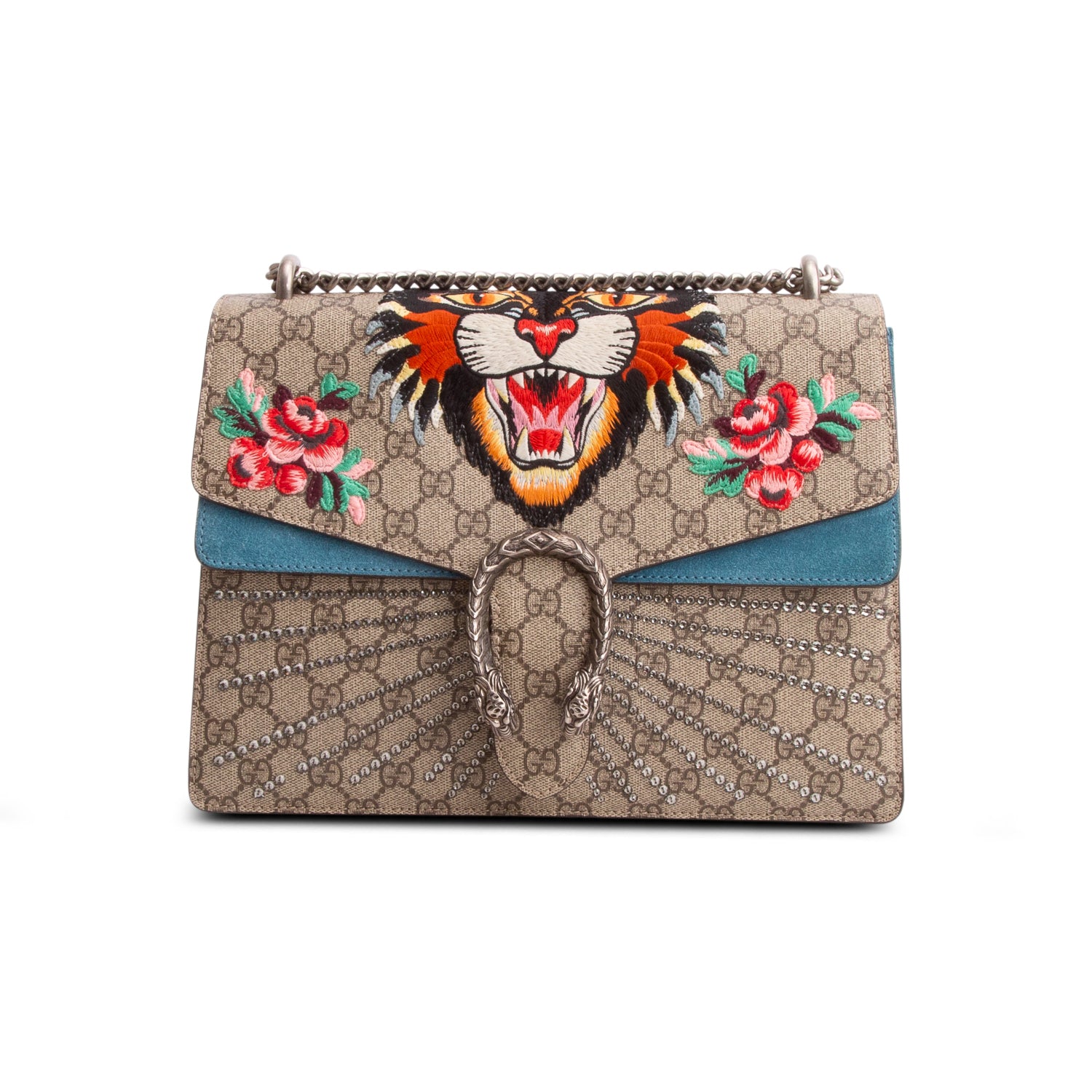 Gucci GG Supreme Angry Cat Embroidered Crystal Embellished Dionysus Medium Shoulder Bag