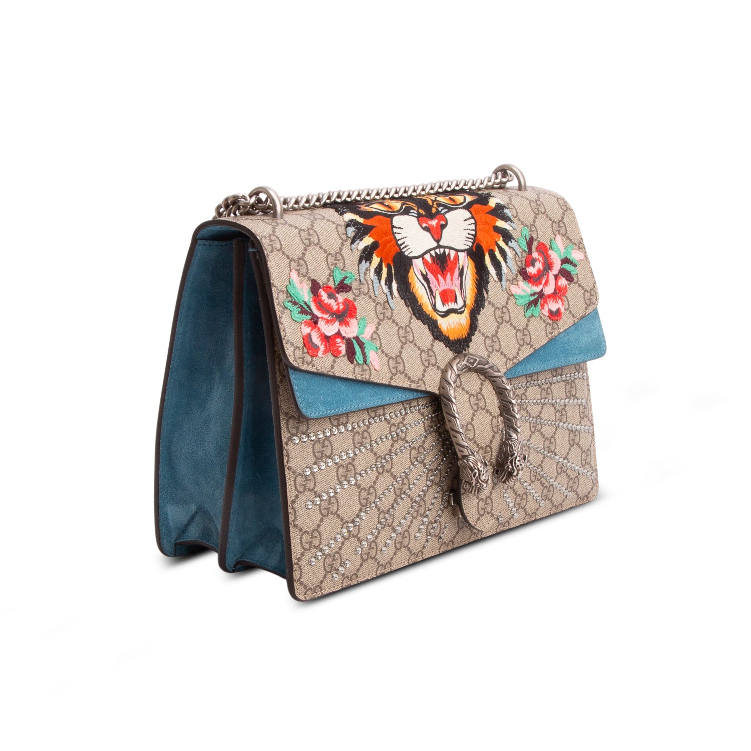 Gucci GG Supreme Angry Cat Embroidered Crystal Embellished Dionysus Medium Shoulder Bag