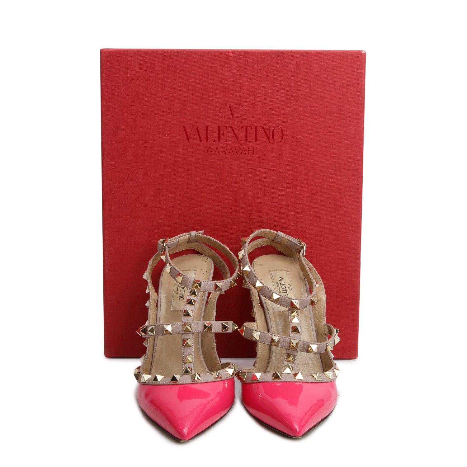 Valentino Pink Patent Leather Rockstud Ankle Strap Pumps, Size 38.5 w/ Box