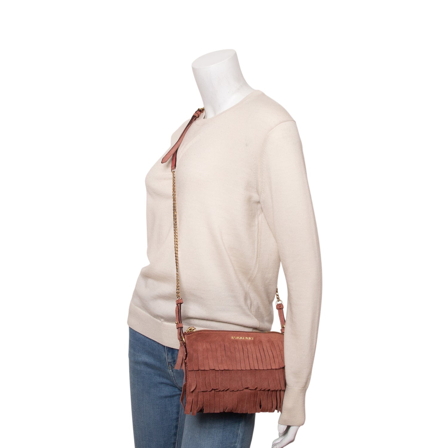 Burberry Pink Suede Peyton Fringe Crossbody Bag