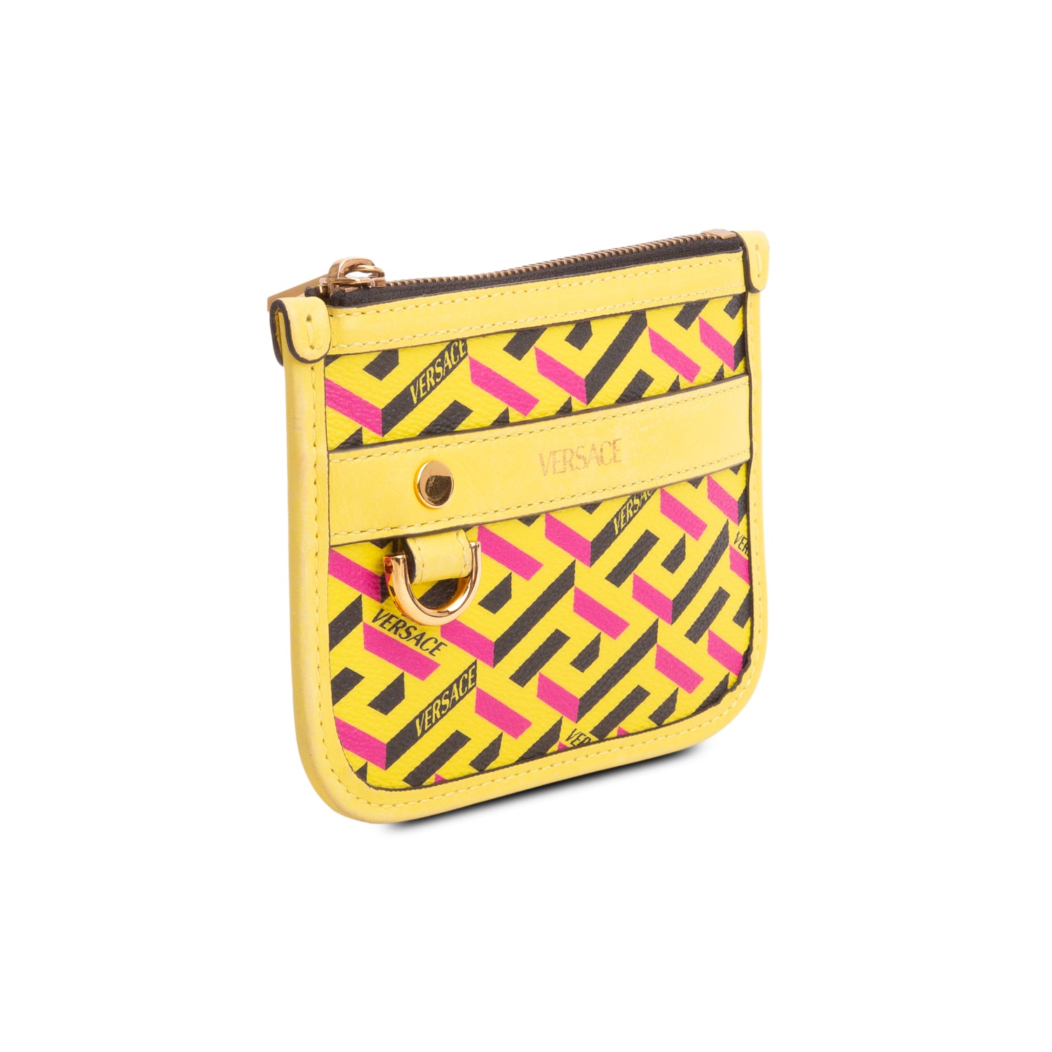 Versace Yellow Coated Canvas Calfskin La Greca Modular Zip Pouch
