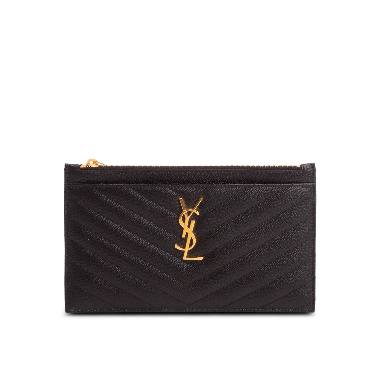 Saint Laurent 2022 Black Grain De Poudre Embossed Leather Cassandre Matelasse Zipped Pouch