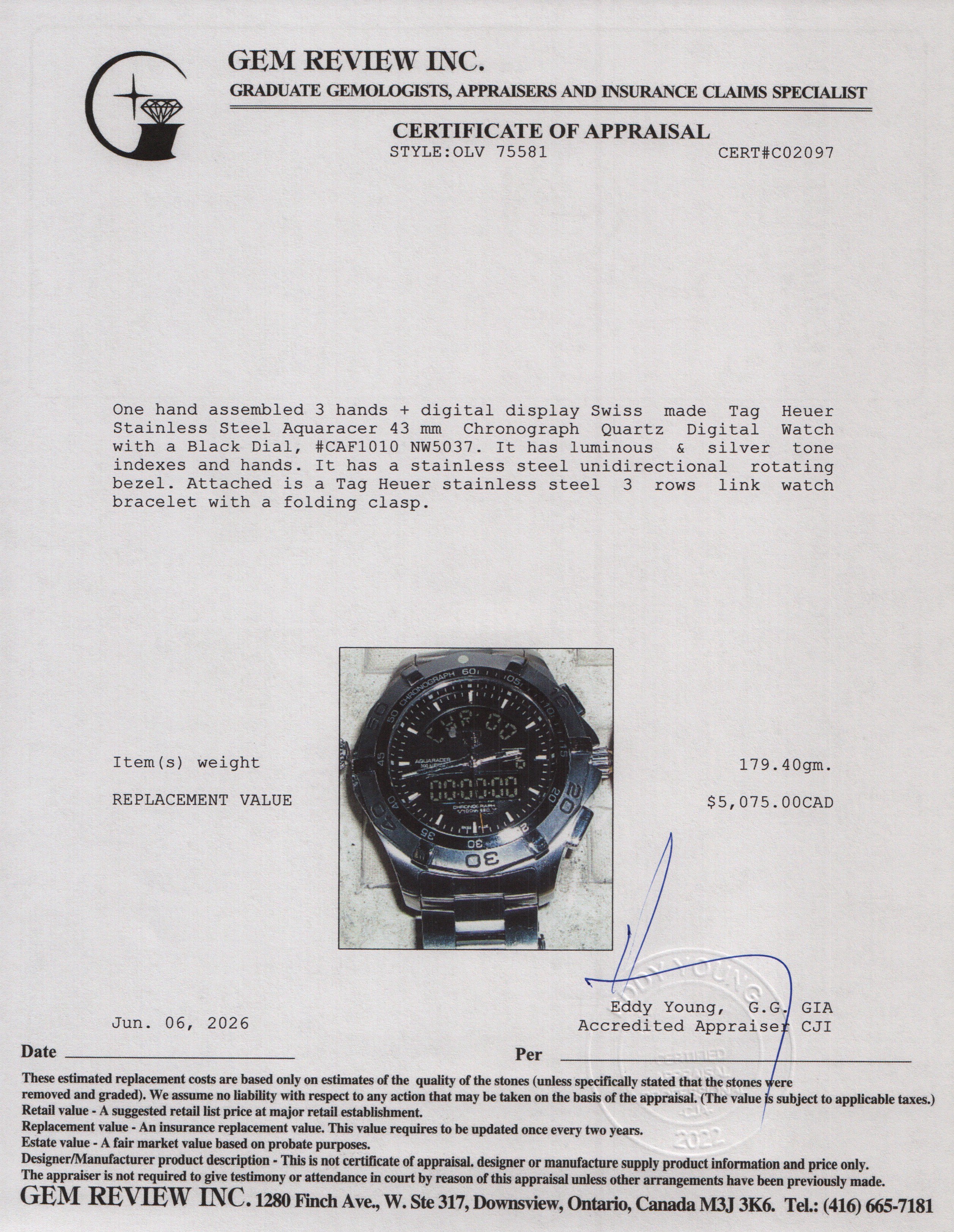 Tag Heuer Stainless Steel Aquaracer 43 mm Chronograph Quartz Digital Watch Black Dial CAF1010