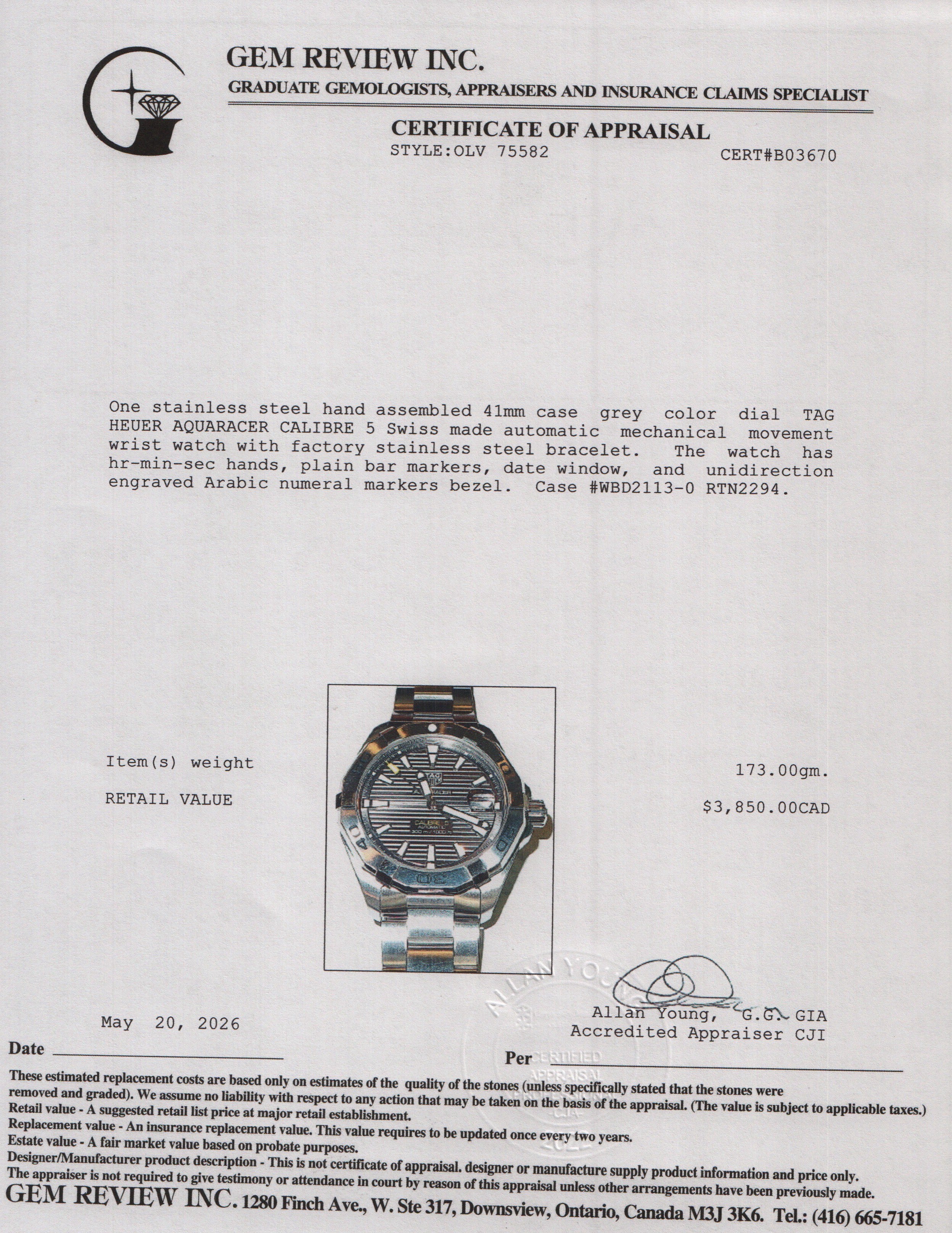 Tag Heuer 2020 Stainless Steel Aquaracer 41 MM Calibre 5 Automatic Watch Grey Dial WBD2113 w/ Box & Papers