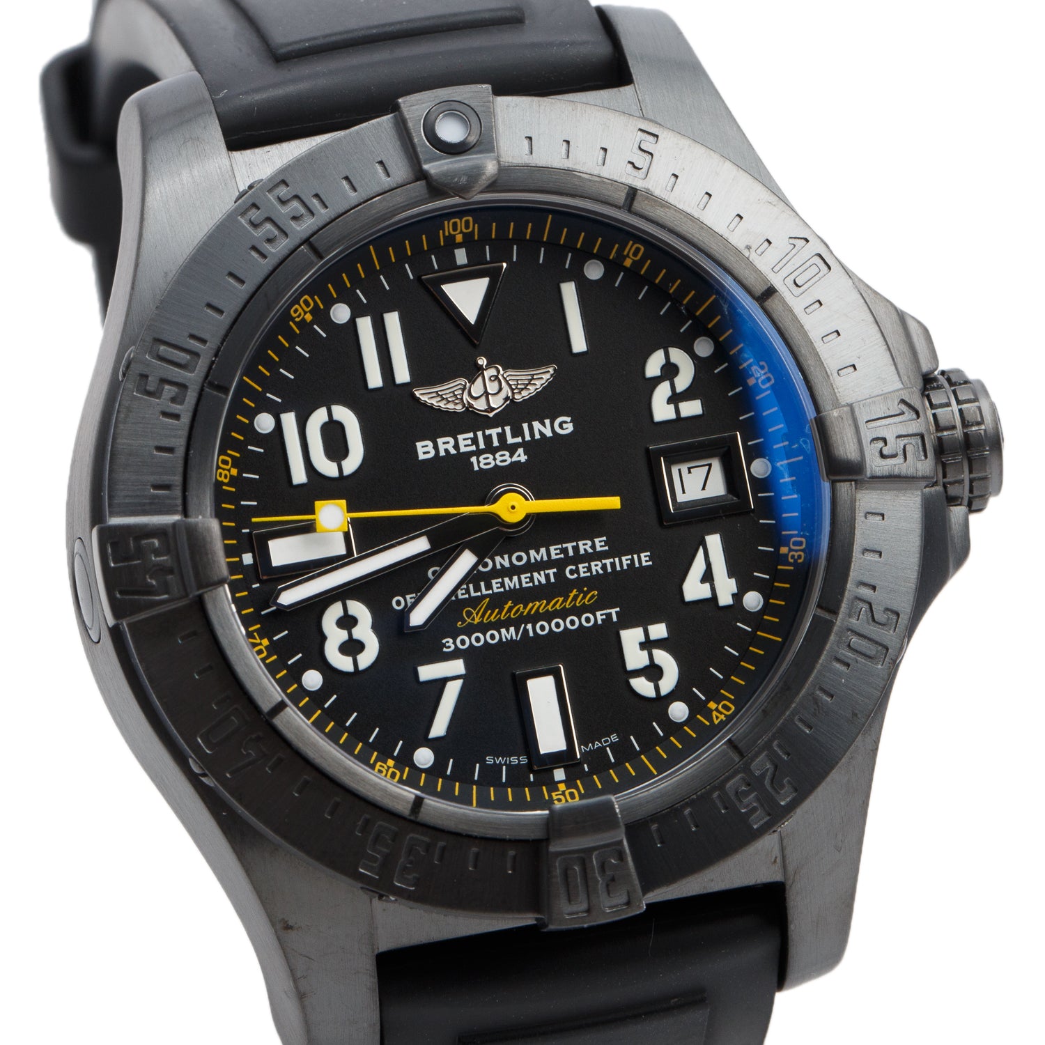 Breitling Limited Edtion Black Stainless Steel Avenger Seawolf 45 MM Automatic Watch Black & Yellow Dial M17330