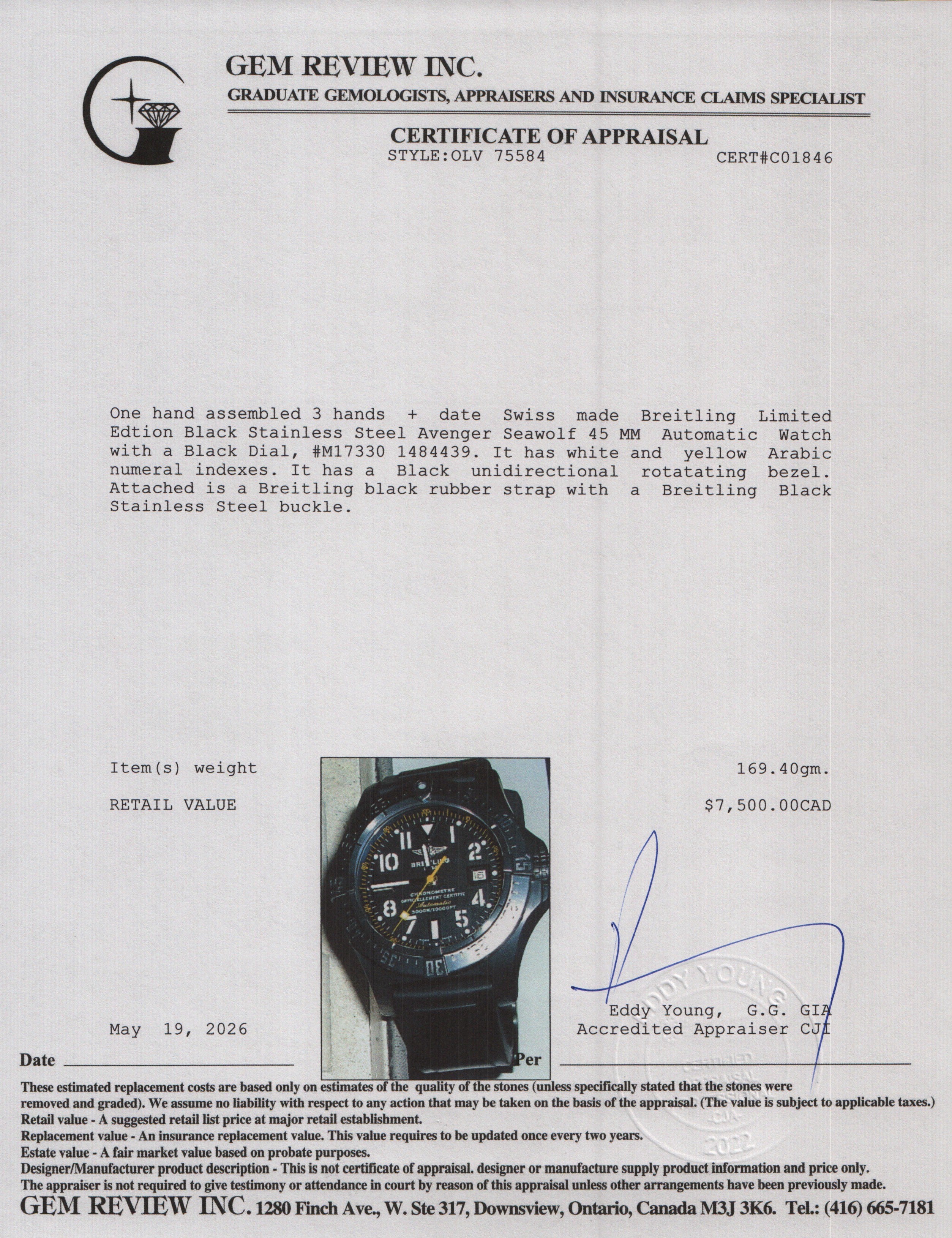 Breitling Limited Edtion Black Stainless Steel Avenger Seawolf 45 MM Automatic Watch Black & Yellow Dial M17330