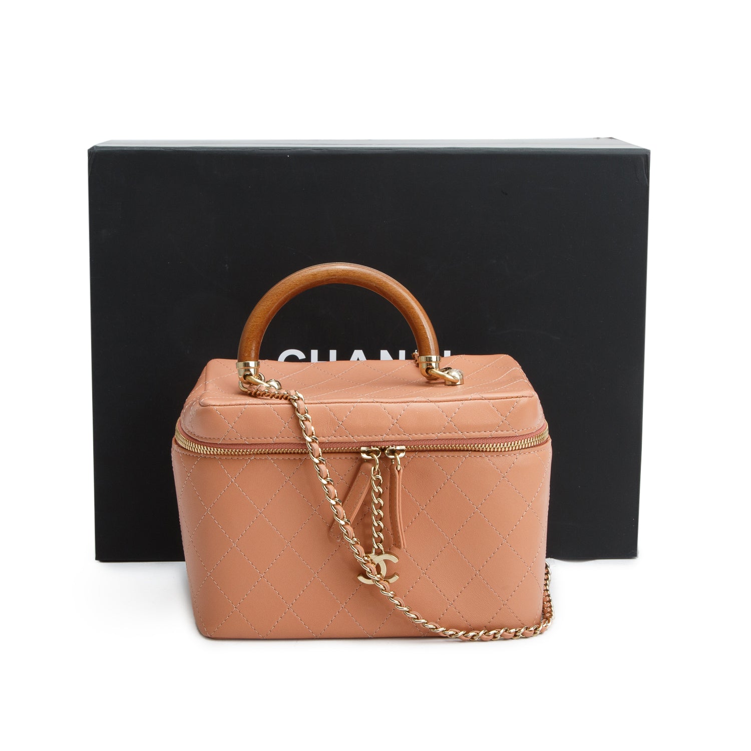 Chanel Pink Lambskin Quilted Knock On Wood Vanity Case w/ Box & Authenticity Card