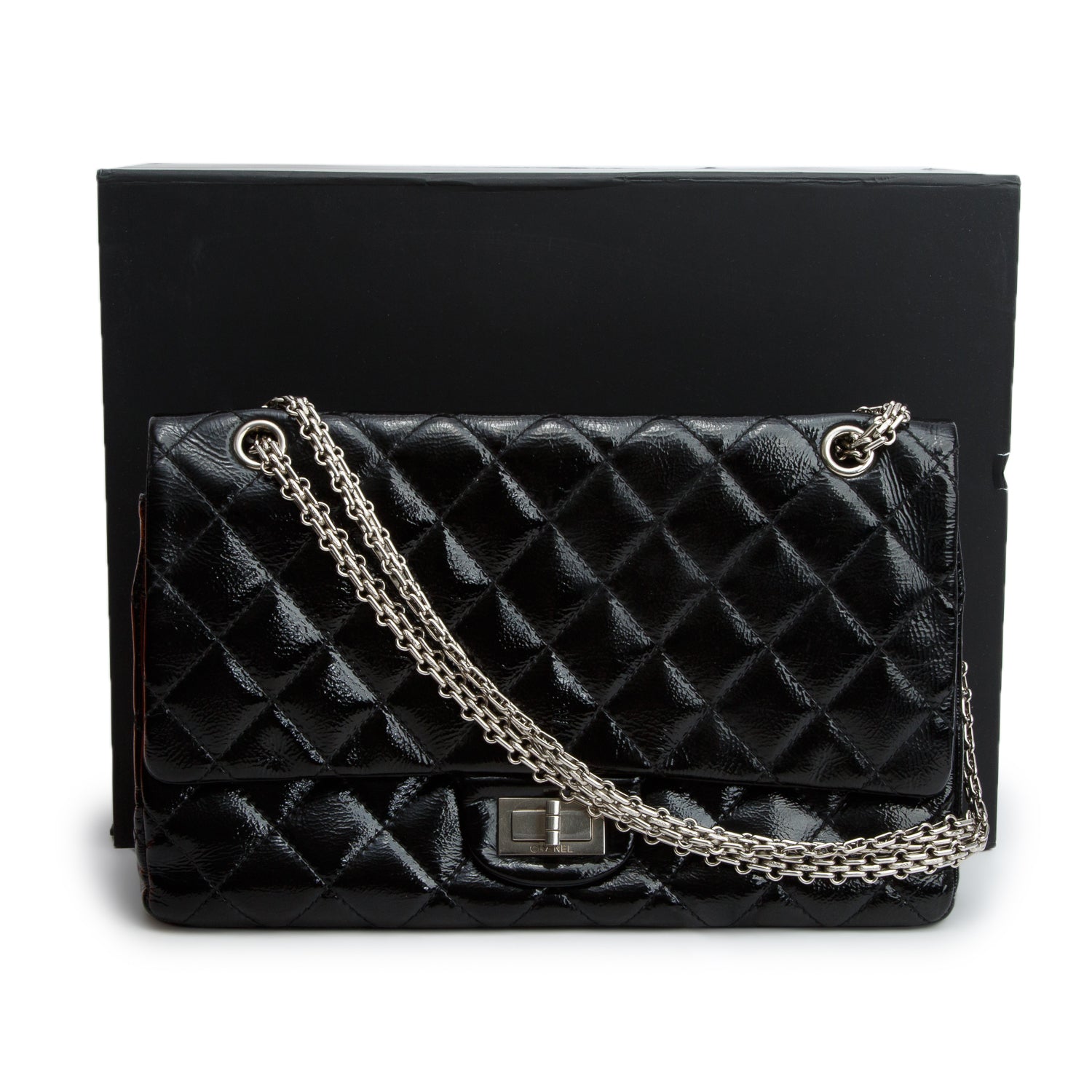 Chanel Black Glazed Calfskin Quilted 2.55 Reissue 227 Double Flap w/ Box & Authenticity Card