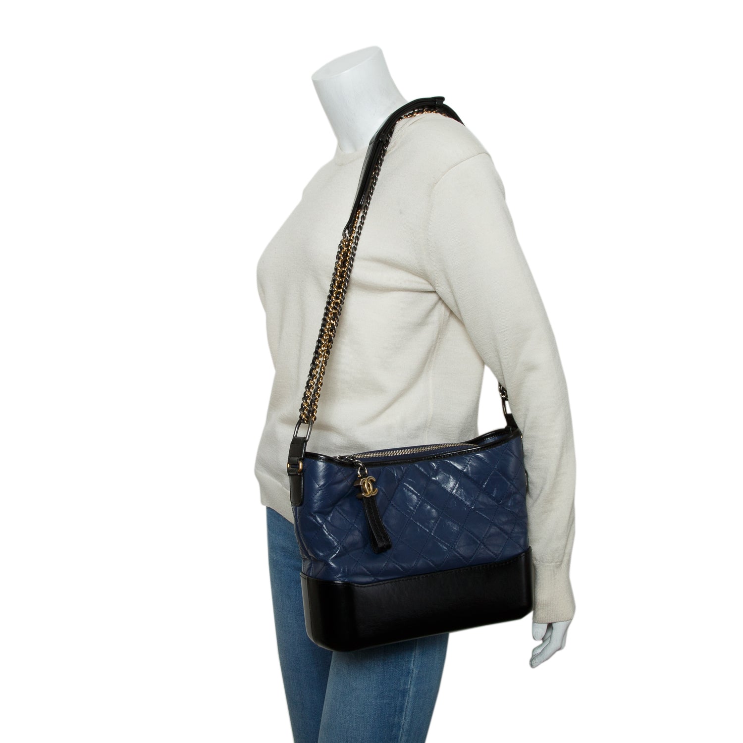 Chanel Blue & Black Aged Calfskin Leather Medium Gabrielle Hobo w/ Box & Authenticity Card