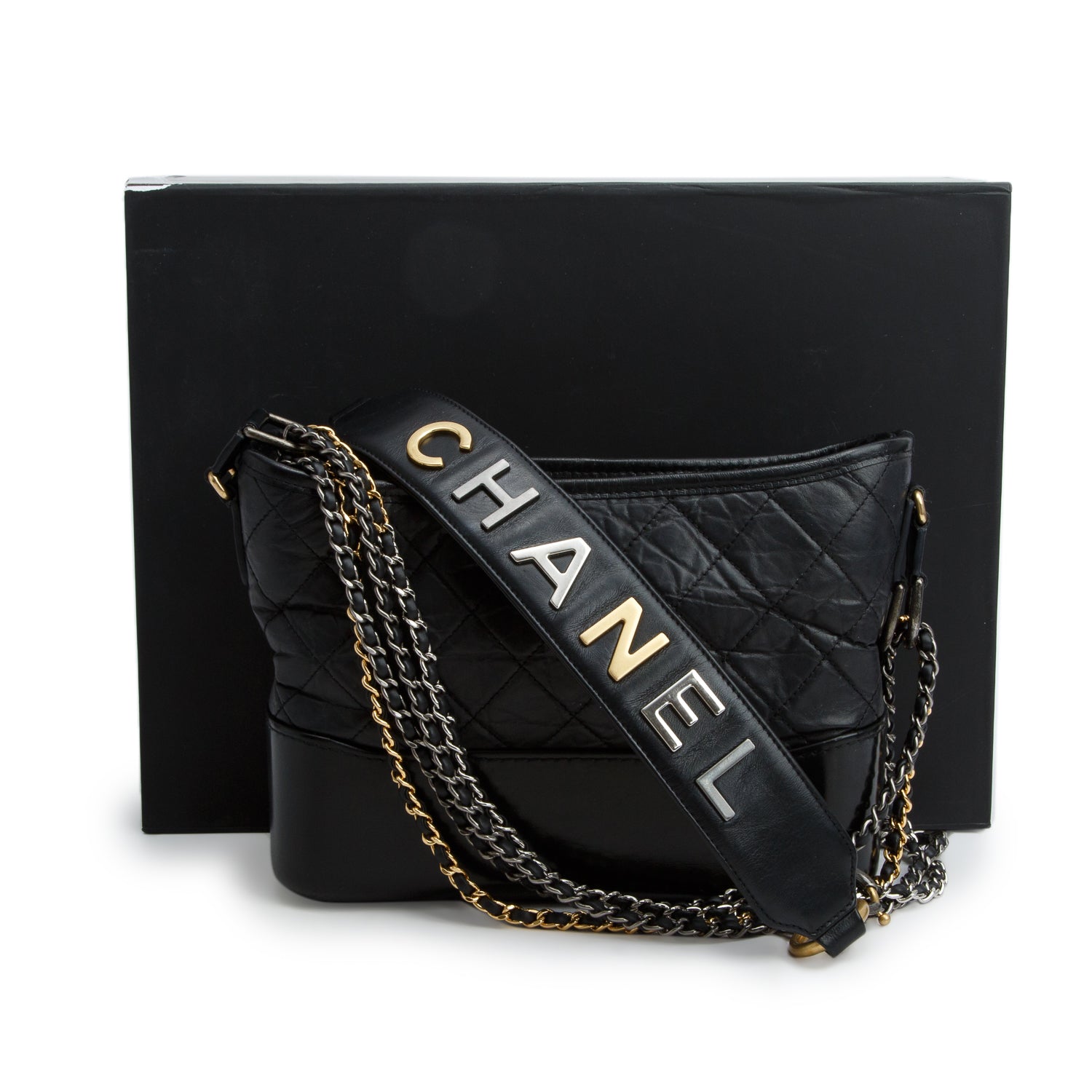Chanel Black Aged Calfskin Leather Small Gabrielle Logo Hobo w/ Box