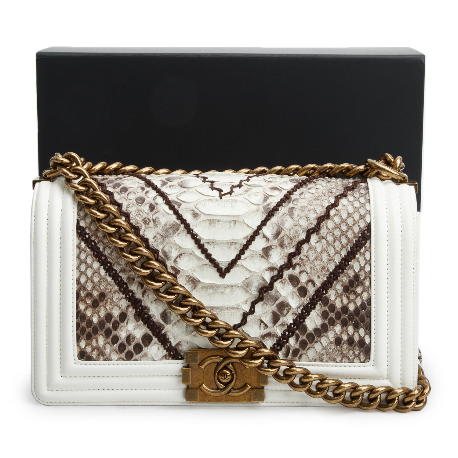 Chanel White Calfskin Python Chevron Embroidered Medium Boy Bag w/ Box