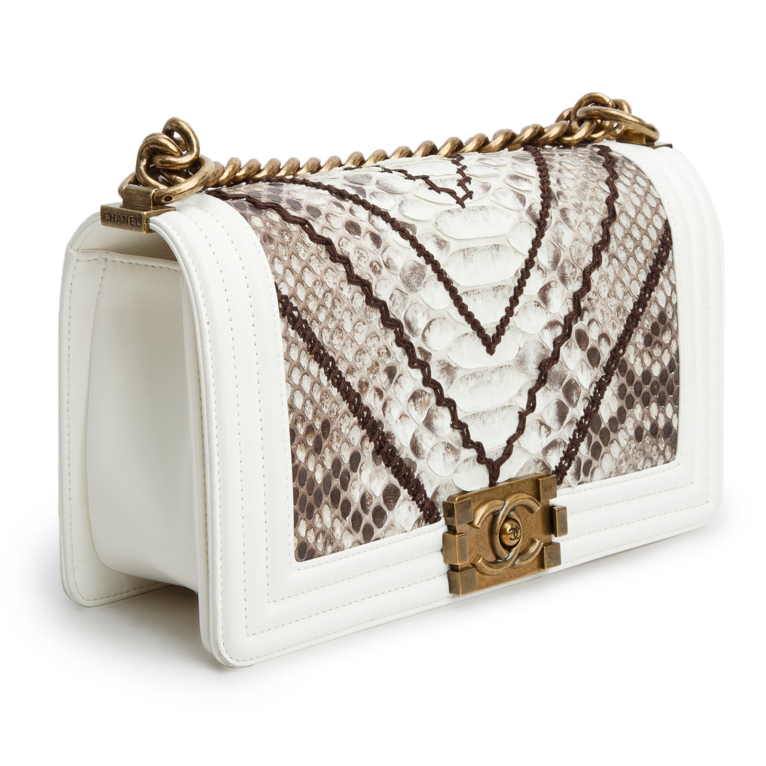 Chanel White Calfskin Python Chevron Embroidered Medium Boy Bag w/ Box