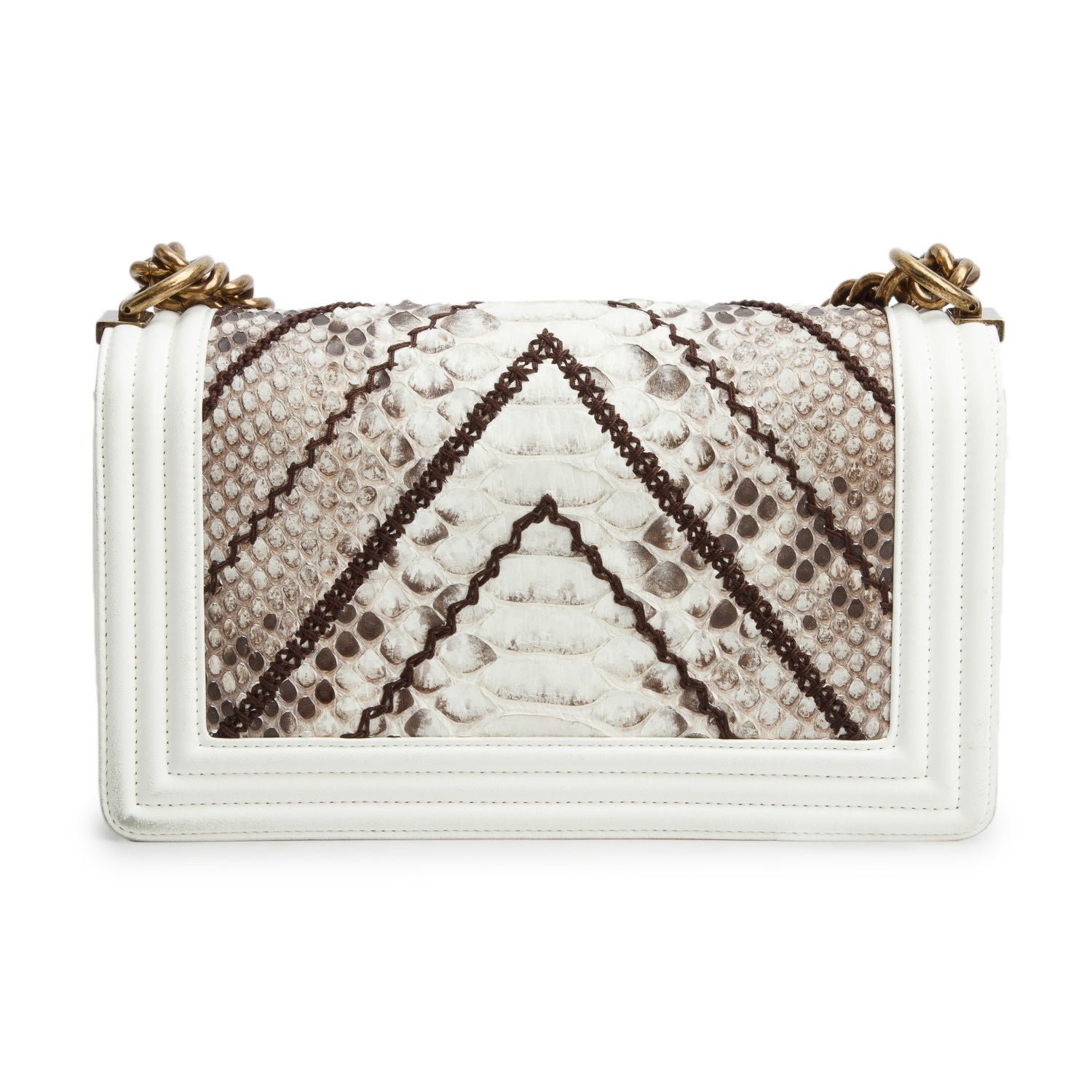 Chanel White Calfskin Python Chevron Embroidered Medium Boy Bag w/ Box