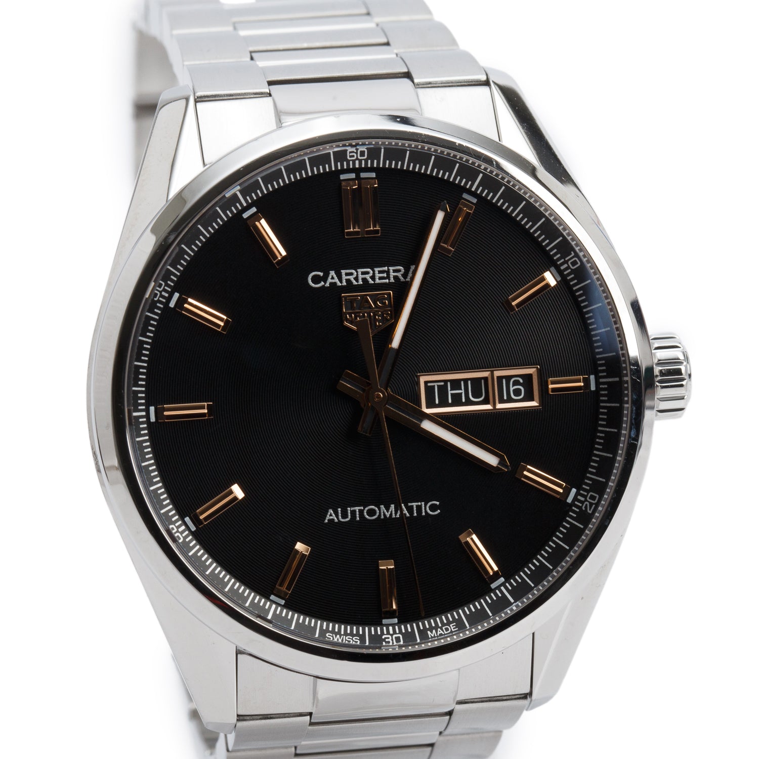 Tag Heuer Stainless Steel Carrera Day-Date 41 MM Automatic Watch Black Dial WBN2013