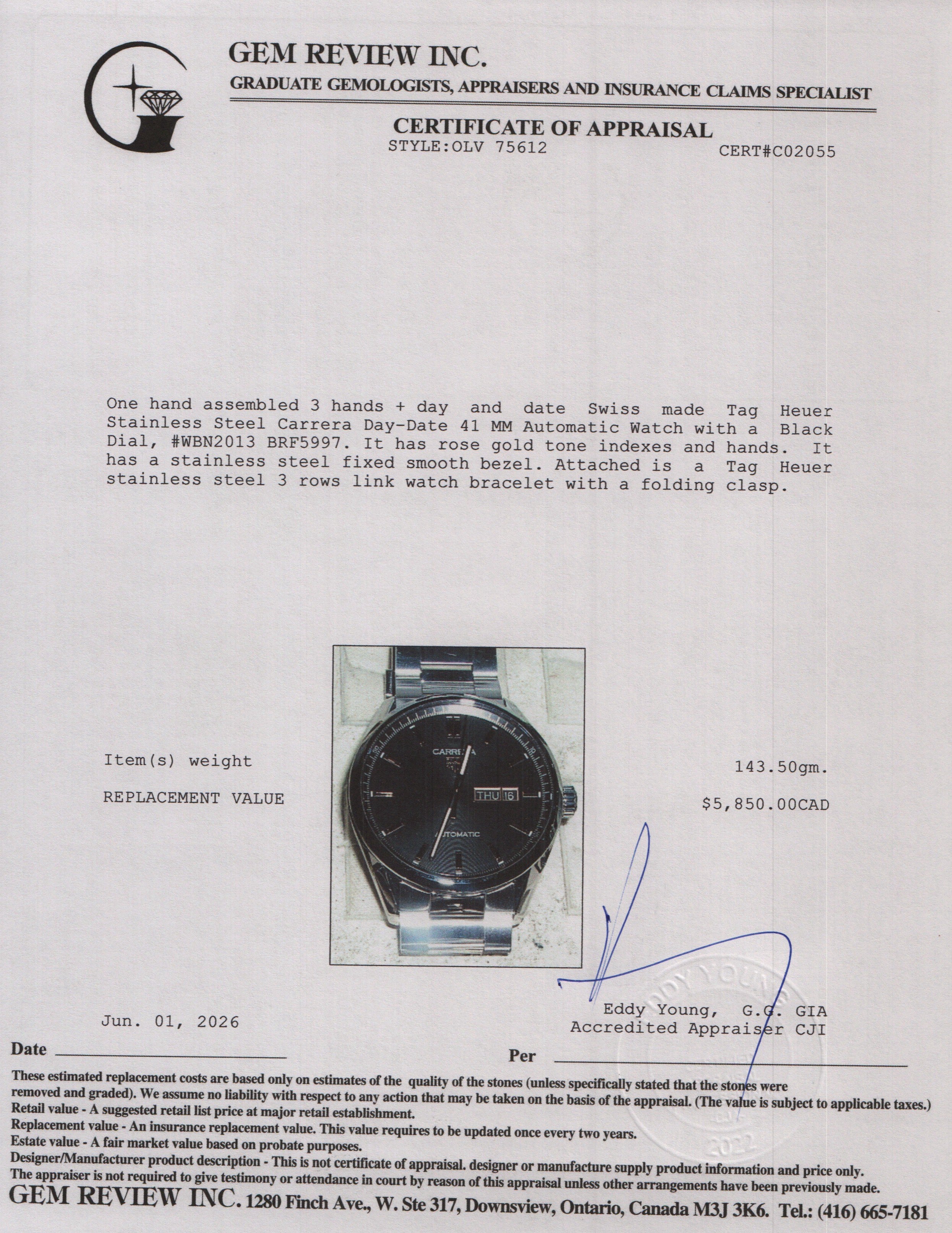 Tag Heuer Stainless Steel Carrera Day-Date 41 MM Automatic Watch Black Dial WBN2013