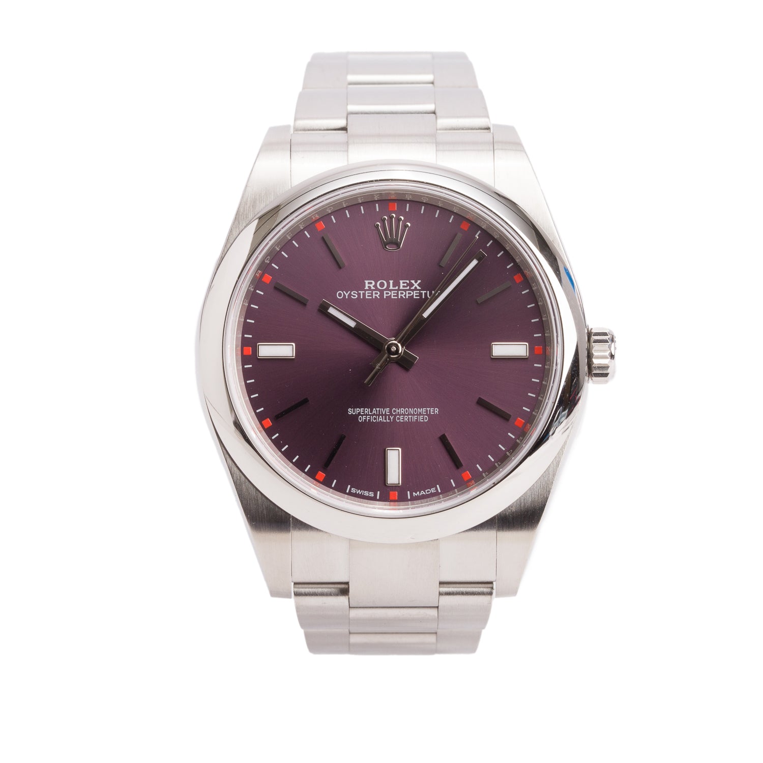 Rolex Stainless Steel Oyster Perpetual 39 MM Watch Grape Dial 114300 w/ Box & Papers